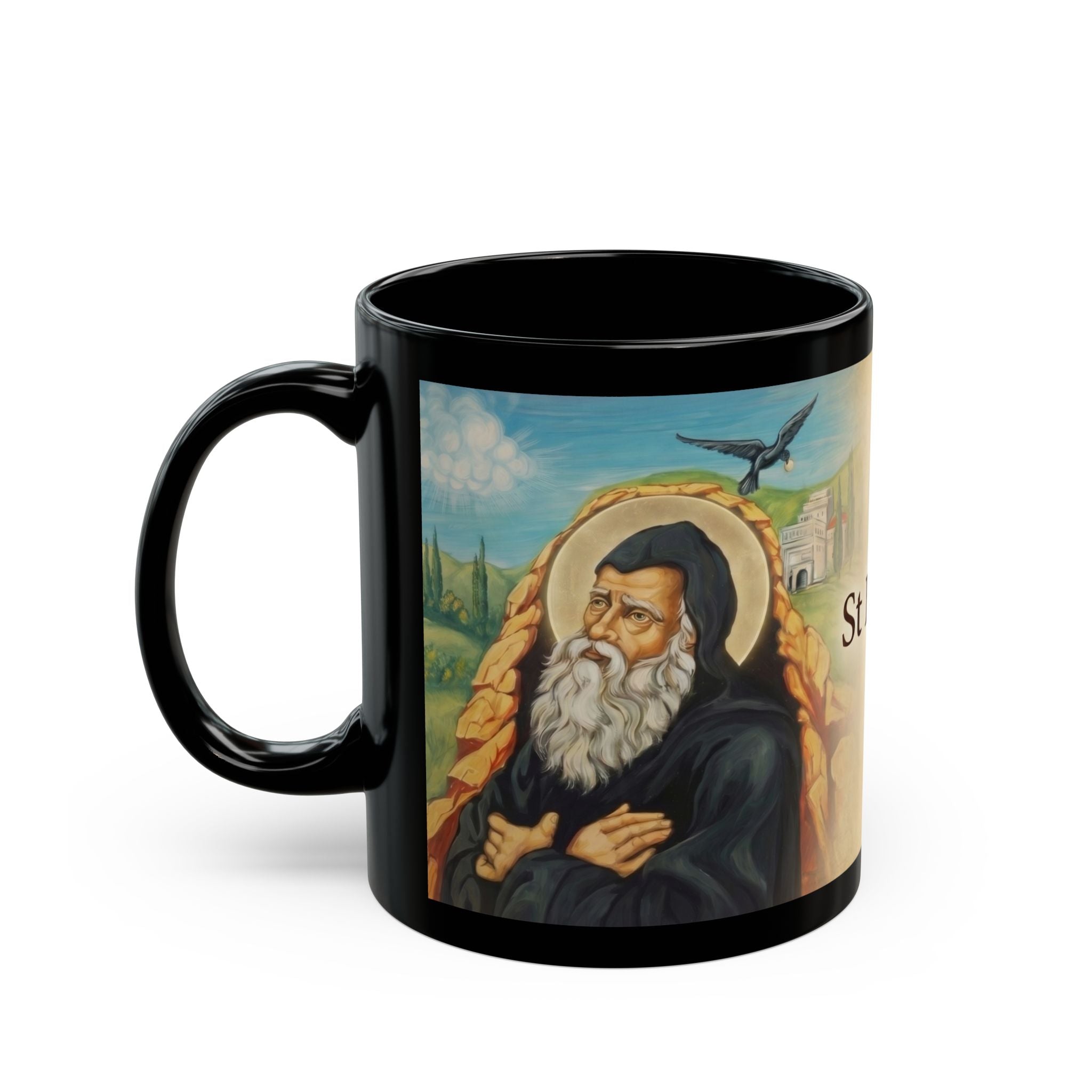 Saint Benedict of Nursia Orthodox Christian Black Coffee Mug — Orthodox Christian Gift