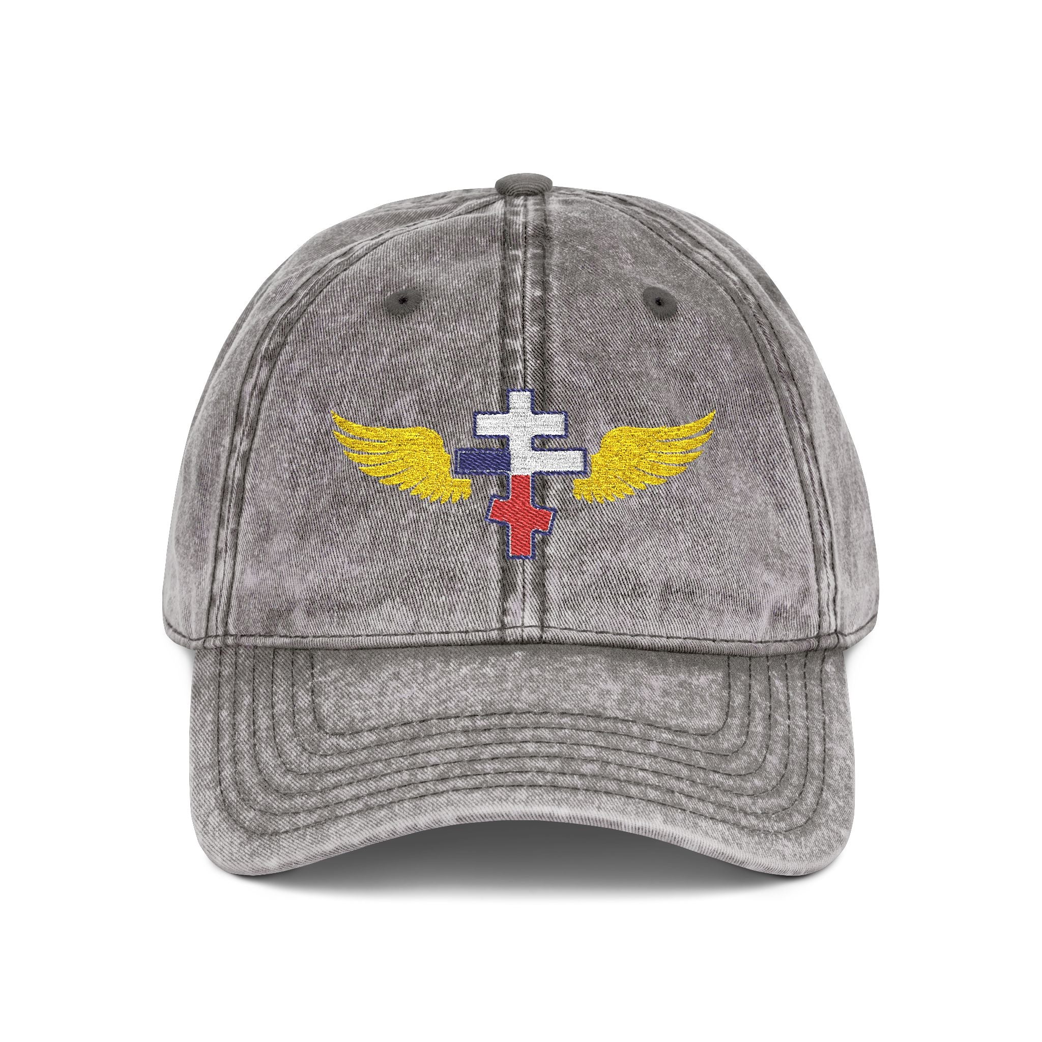 Czech Orthodox cross with wings embroidered on vintage cotton twill cap -- additional view 2