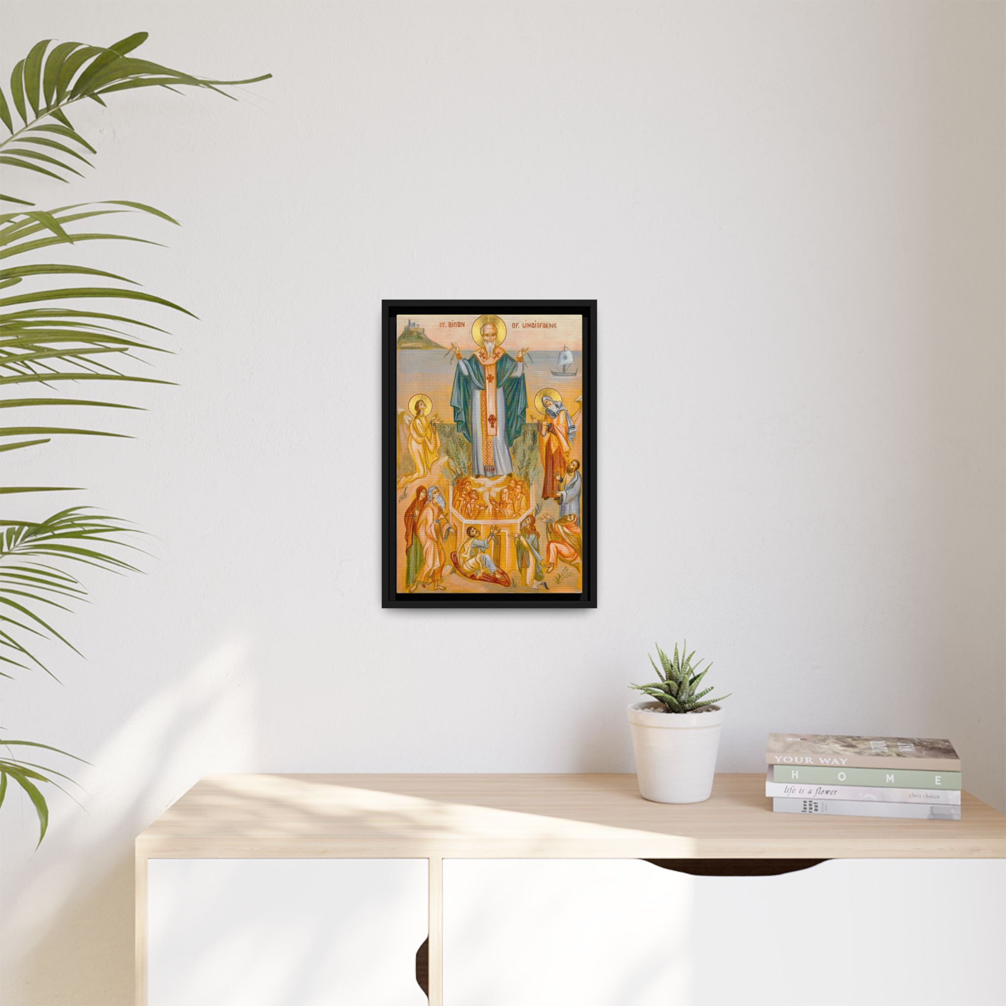 Framed canvas icon of Saint Aidan of Lindisfarne, traditional Orthodox Christian artwork