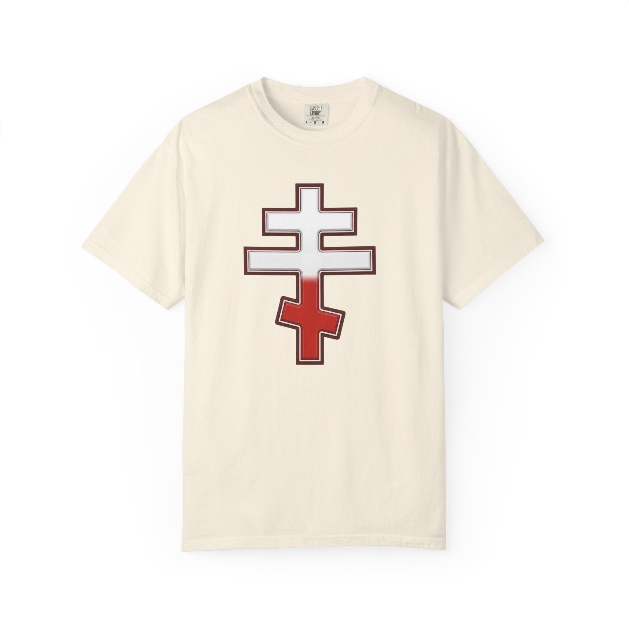 Polish Orthodox Cross design on a heavyweight garment-dyed t-shirt
