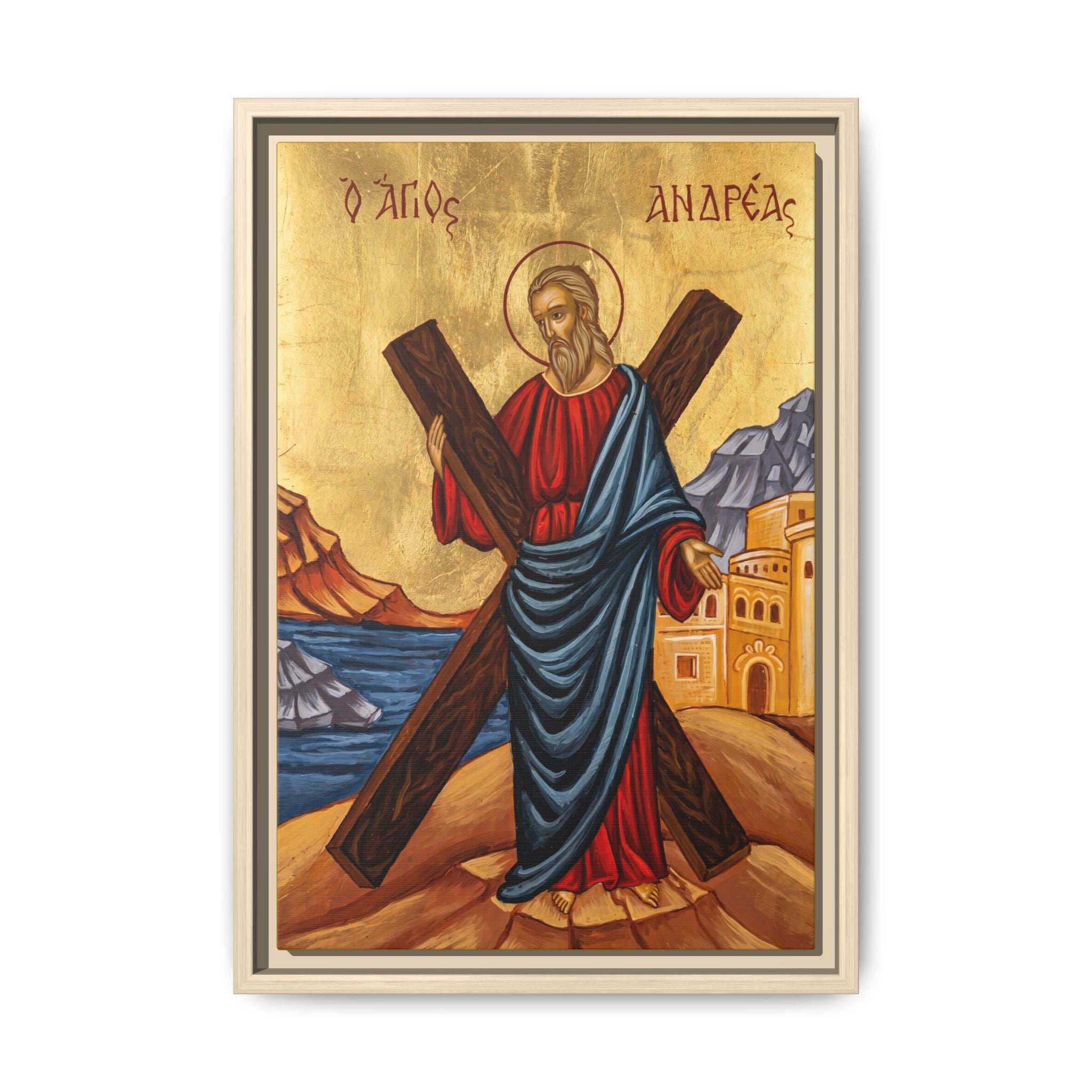 Framed canvas icon of Saint Andrew the Apostle, traditional Orthodox Christian artwork
