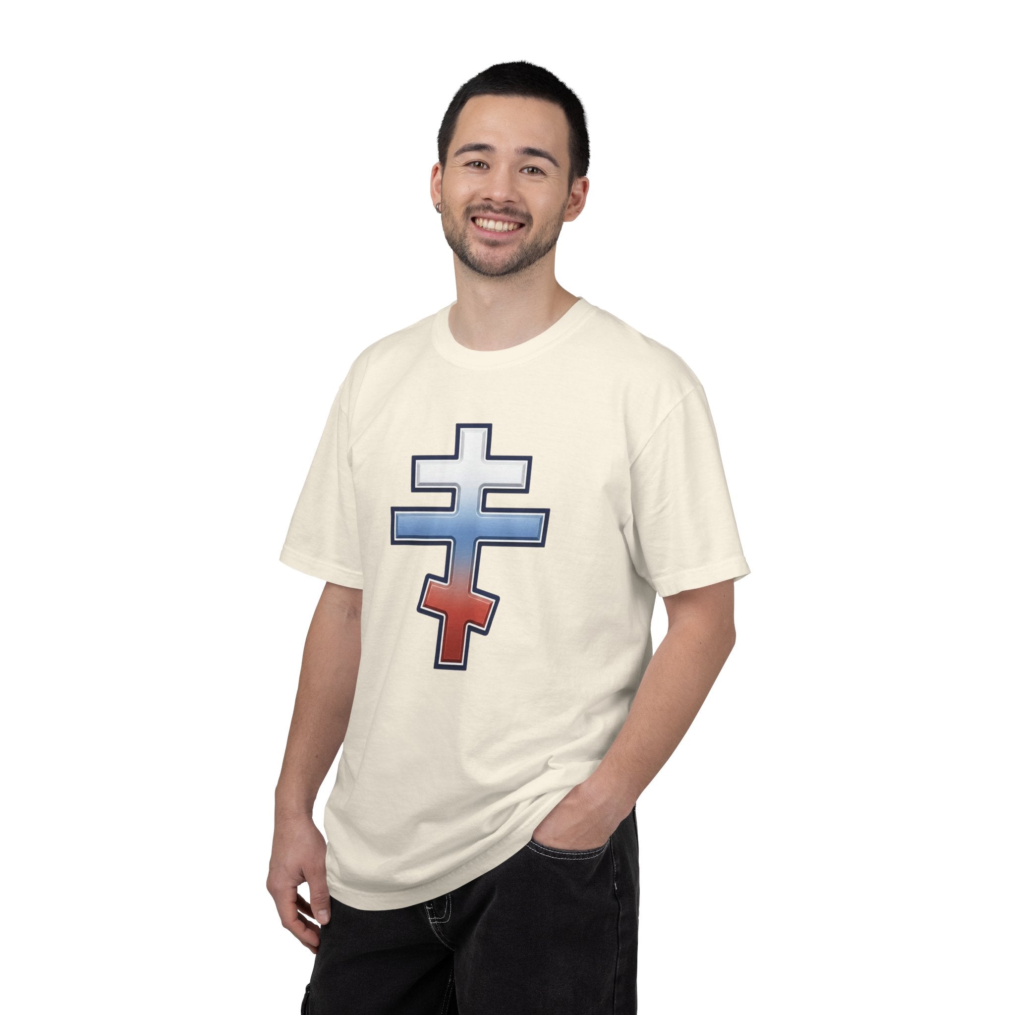 Slovak Orthodox Cross design on a heavyweight garment-dyed t-shirt