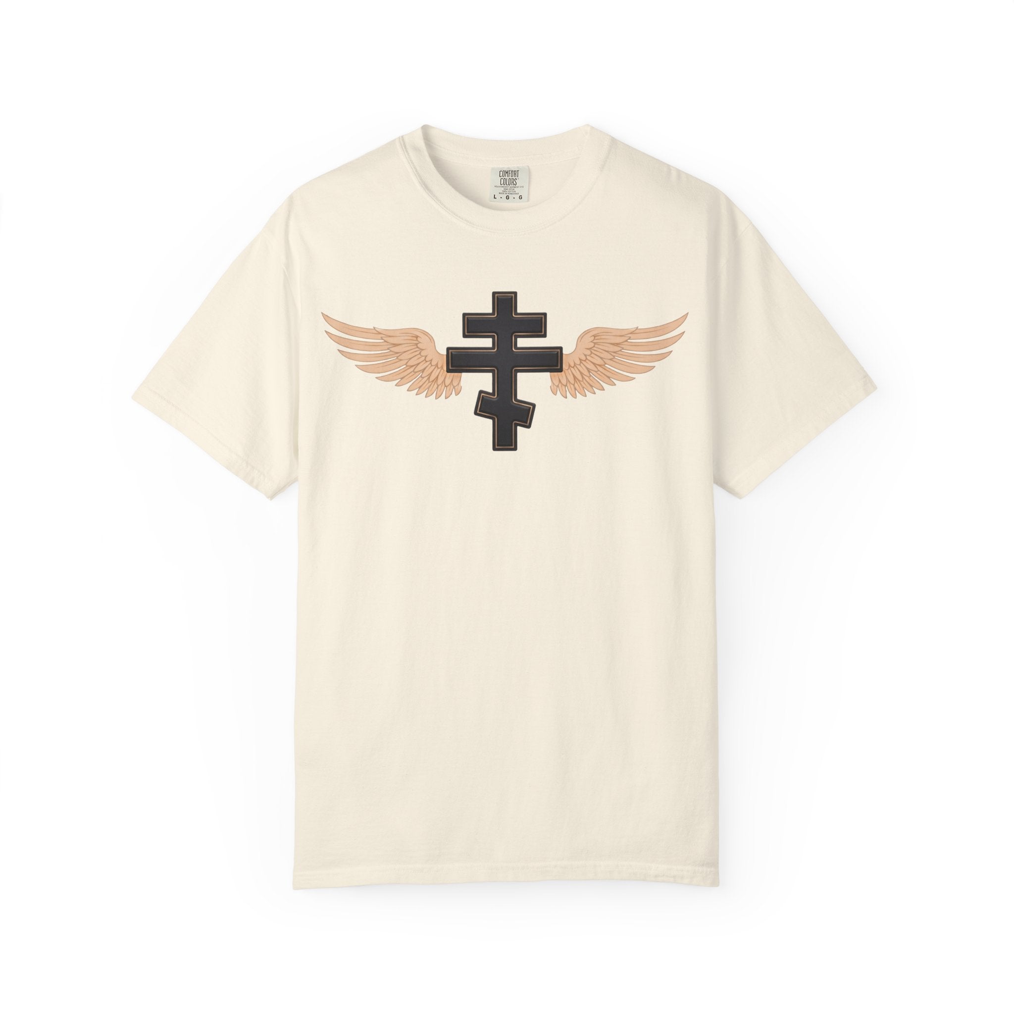 Classic black winged classic Orthodox cross design on a heavyweight garment-dyed t-shirt