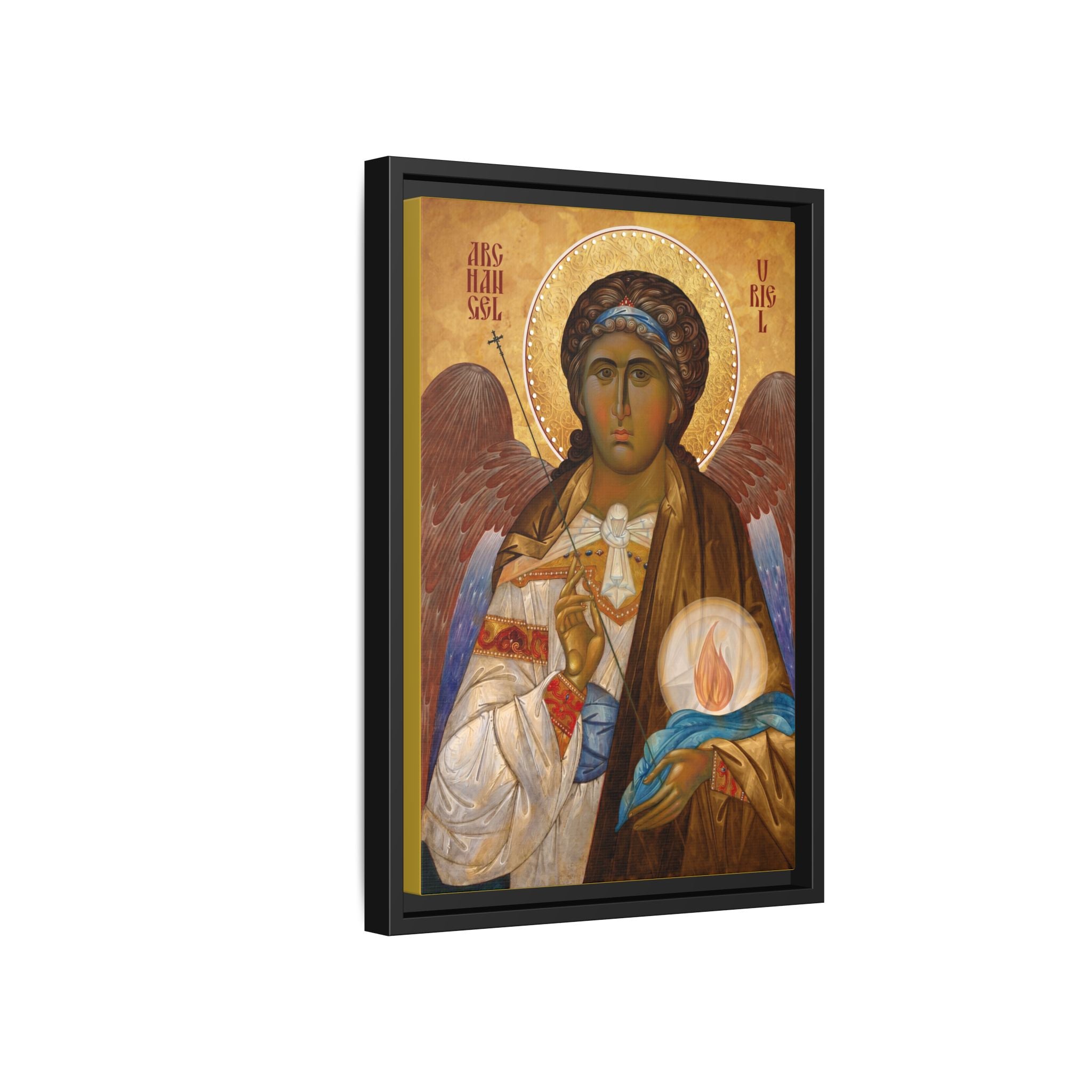 Framed canvas icon of Archangel Uriel, traditional Orthodox Christian artwork