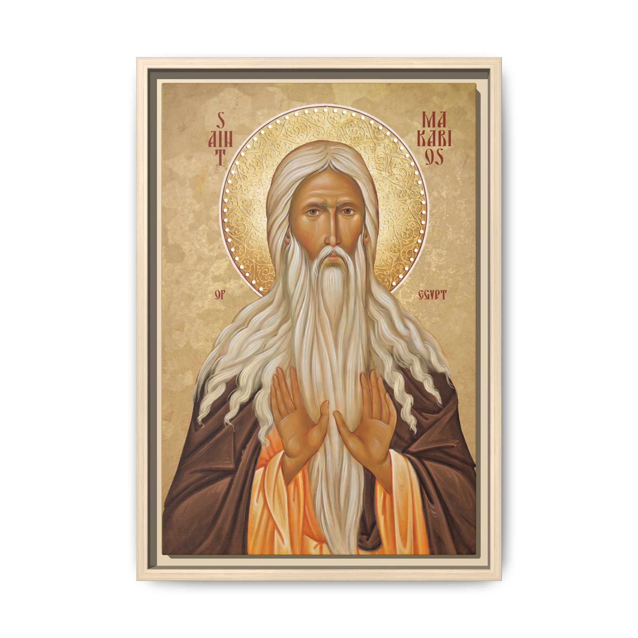 Framed canvas icon of Saint Macarius of Egypt, traditional Orthodox Christian artwork
