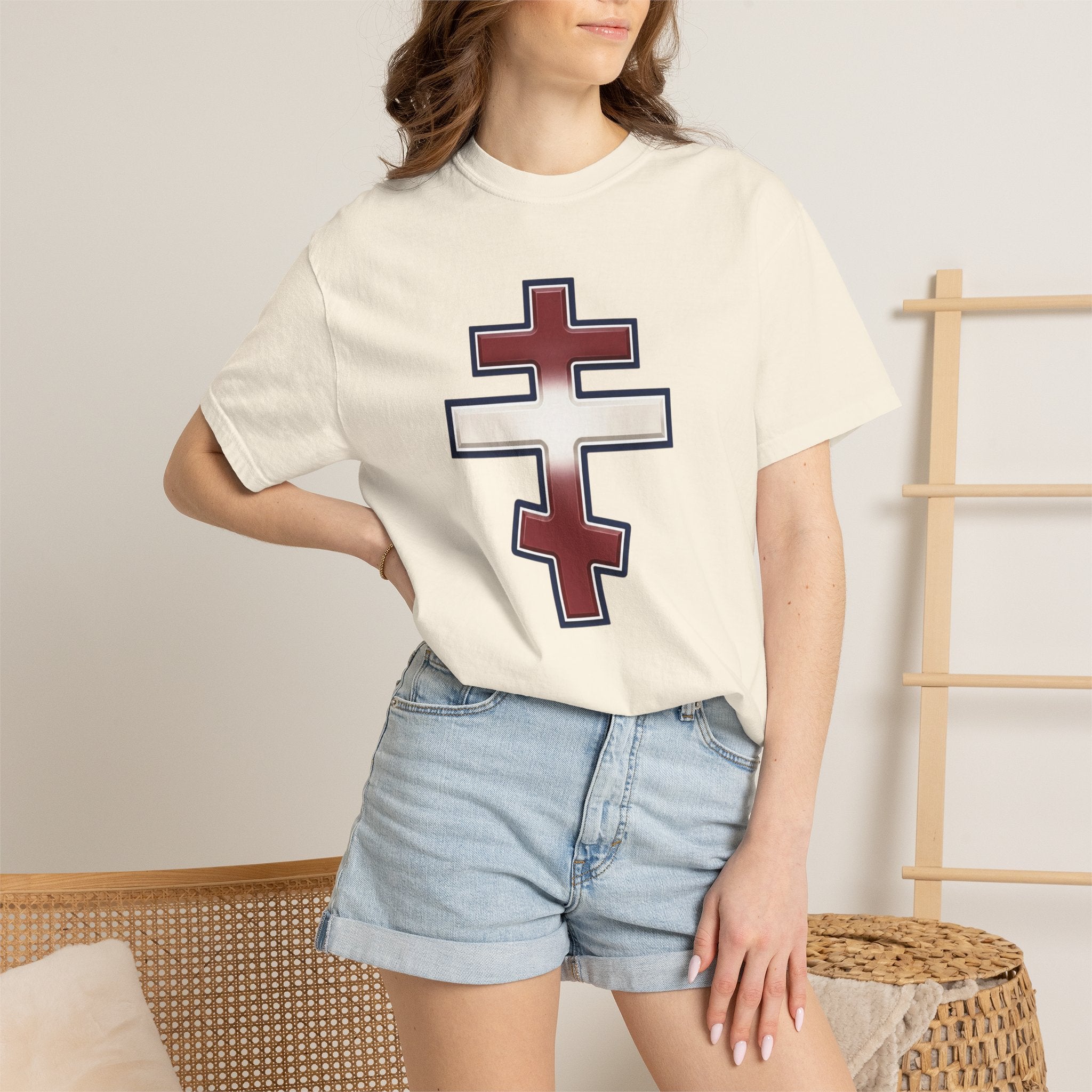 Latvian Orthodox Cross design on a heavyweight garment-dyed t-shirt