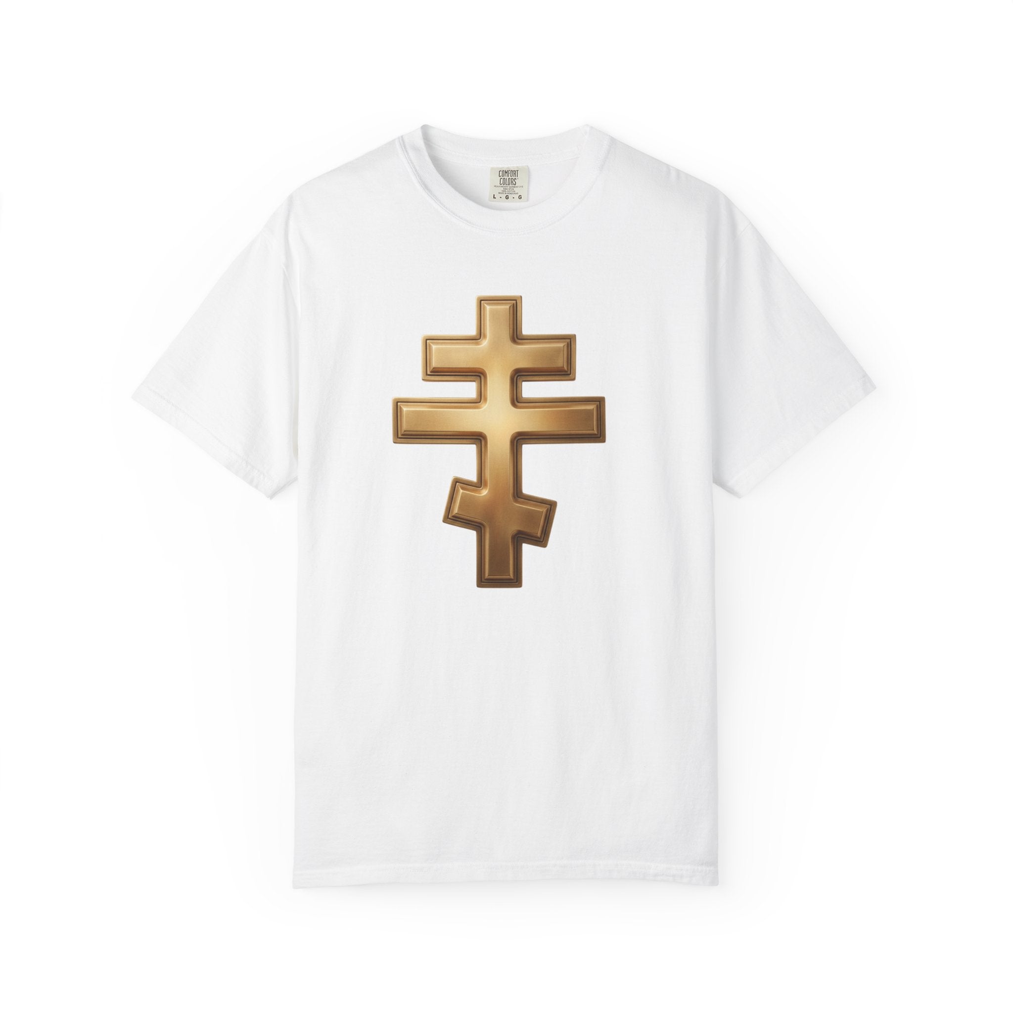 Classic gold classic Orthodox cross design on a heavyweight garment-dyed t-shirt