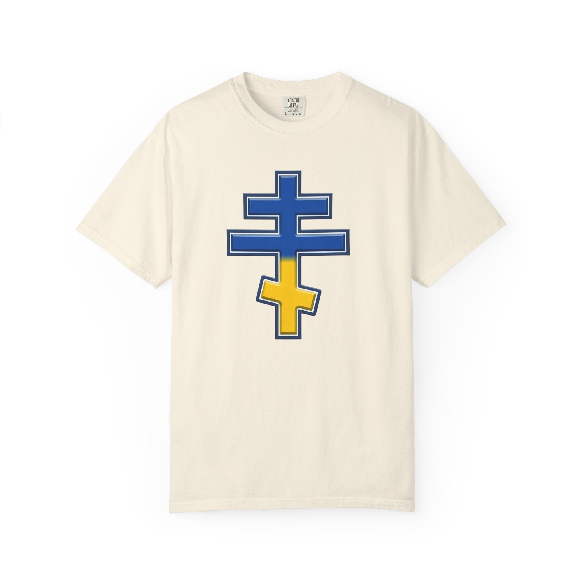 Ukrainian Orthodox Cross design on a heavyweight garment-dyed t-shirt
