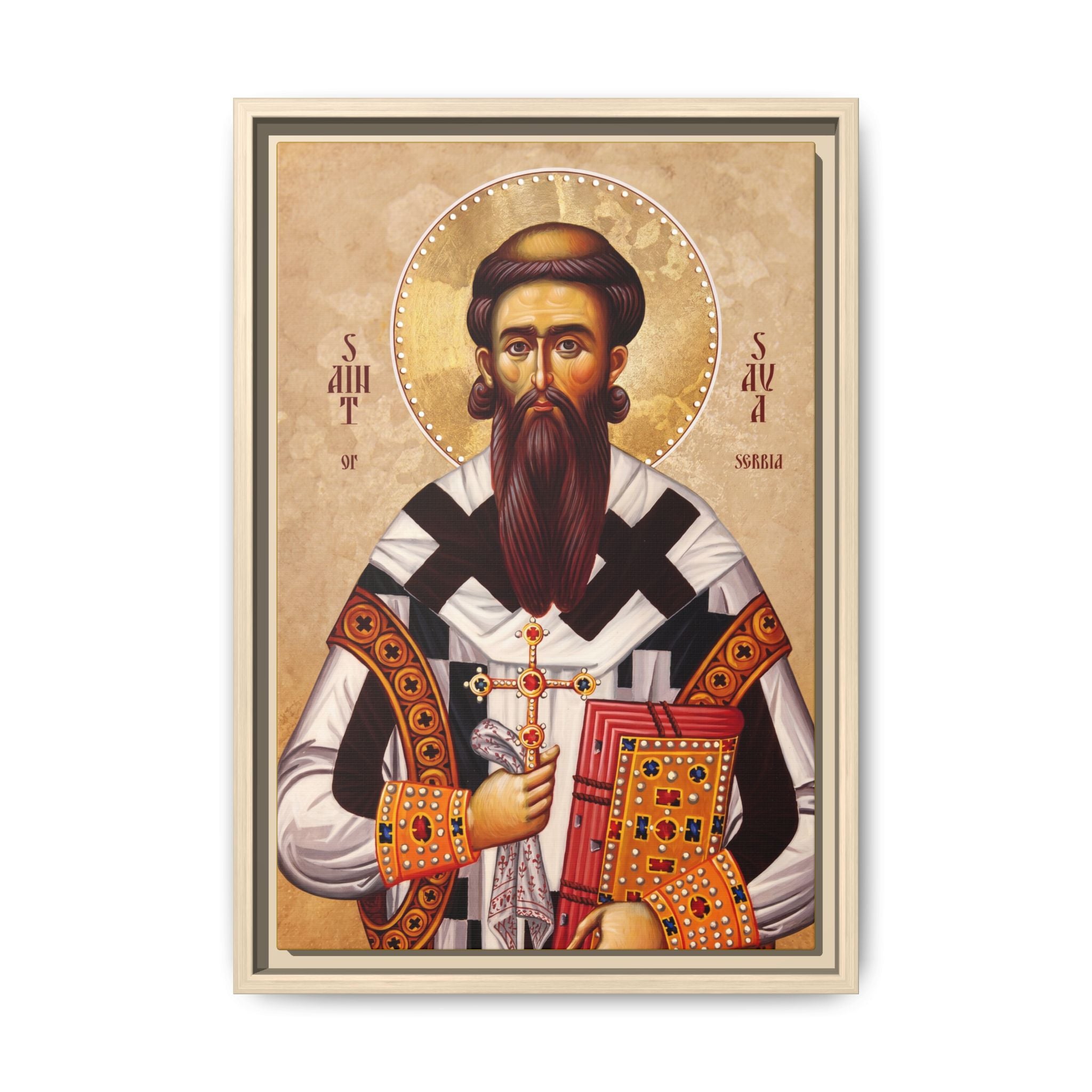 Framed canvas icon of Saint Sava of Serbia, traditional Orthodox Christian artwork