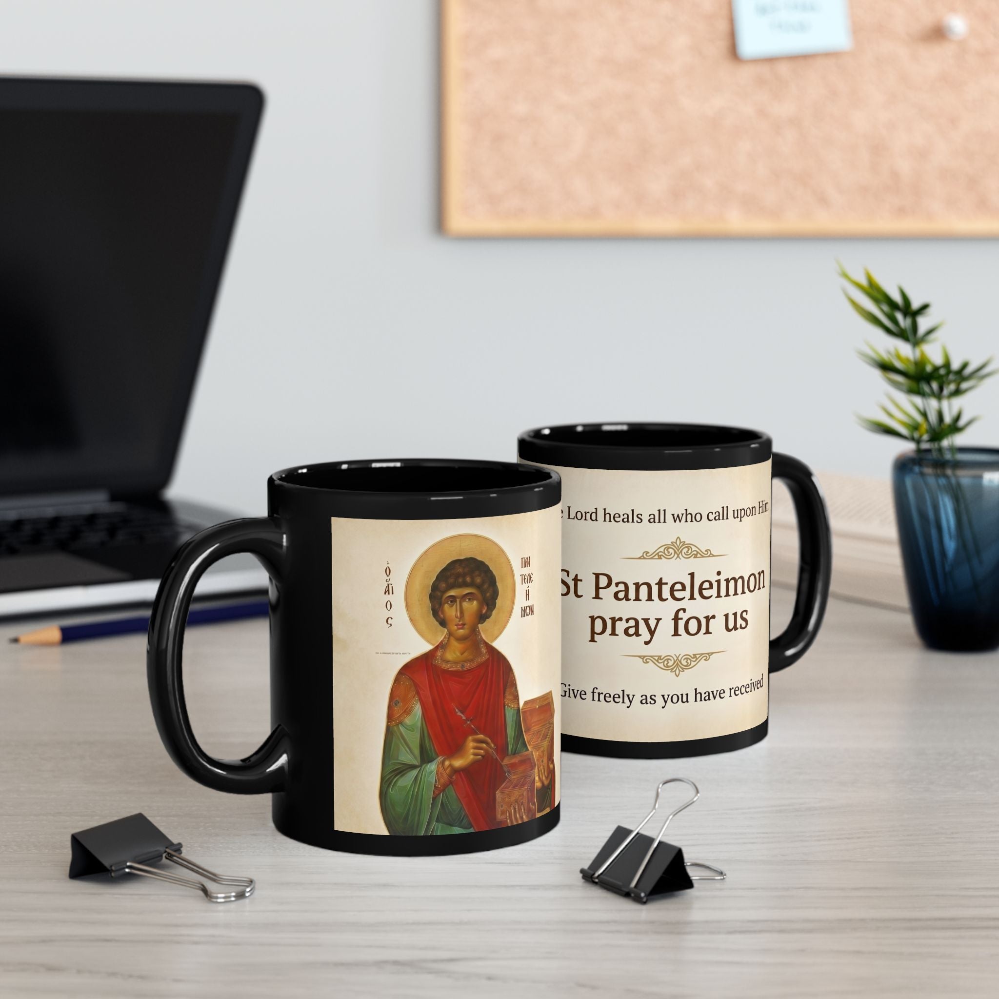 Saint Panteleimon the Healer Orthodox Christian Black Coffee Mug — Christian Gift Idea