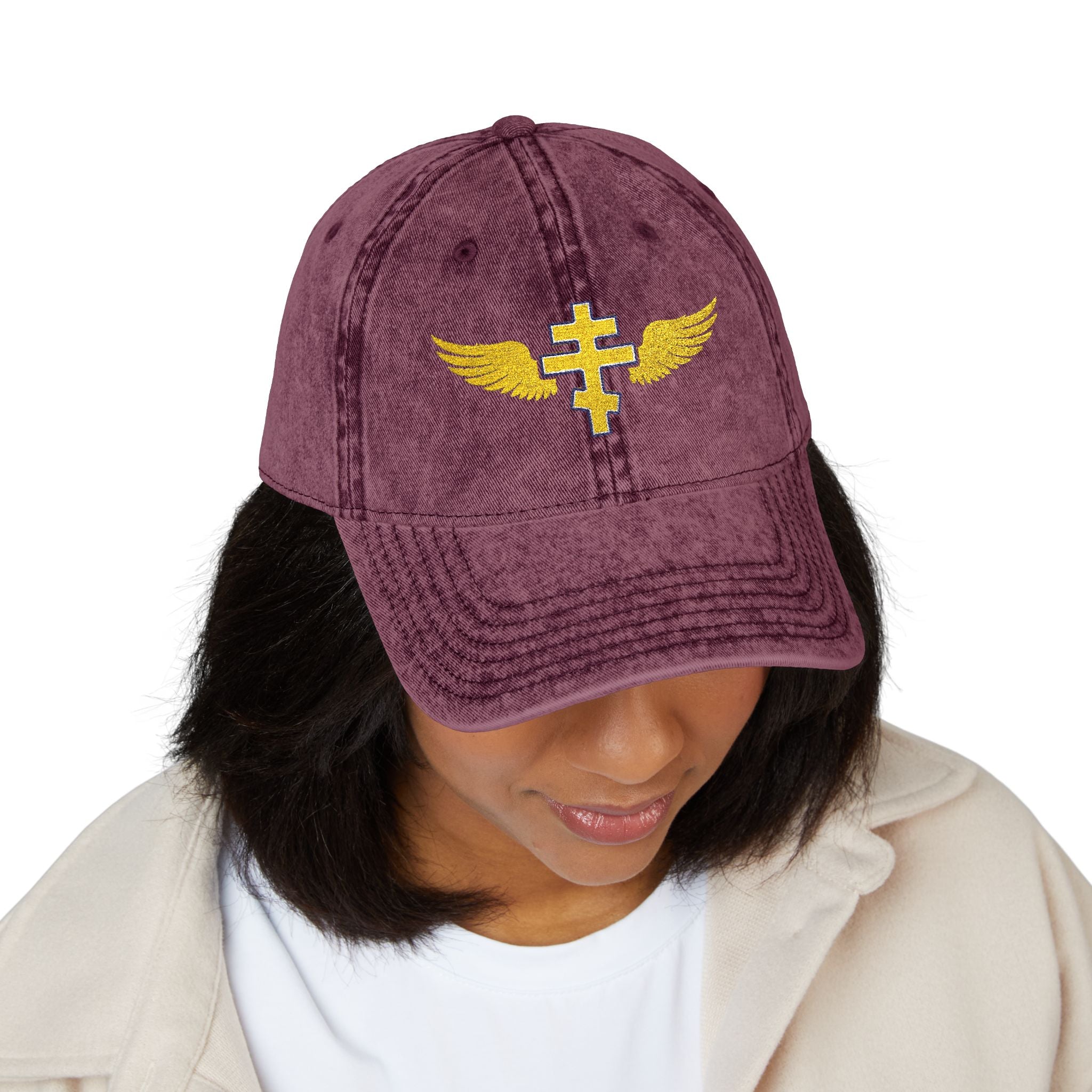 Cypriot Orthodox cross with wings embroidered on vintage cotton twill cap -- additional view 15