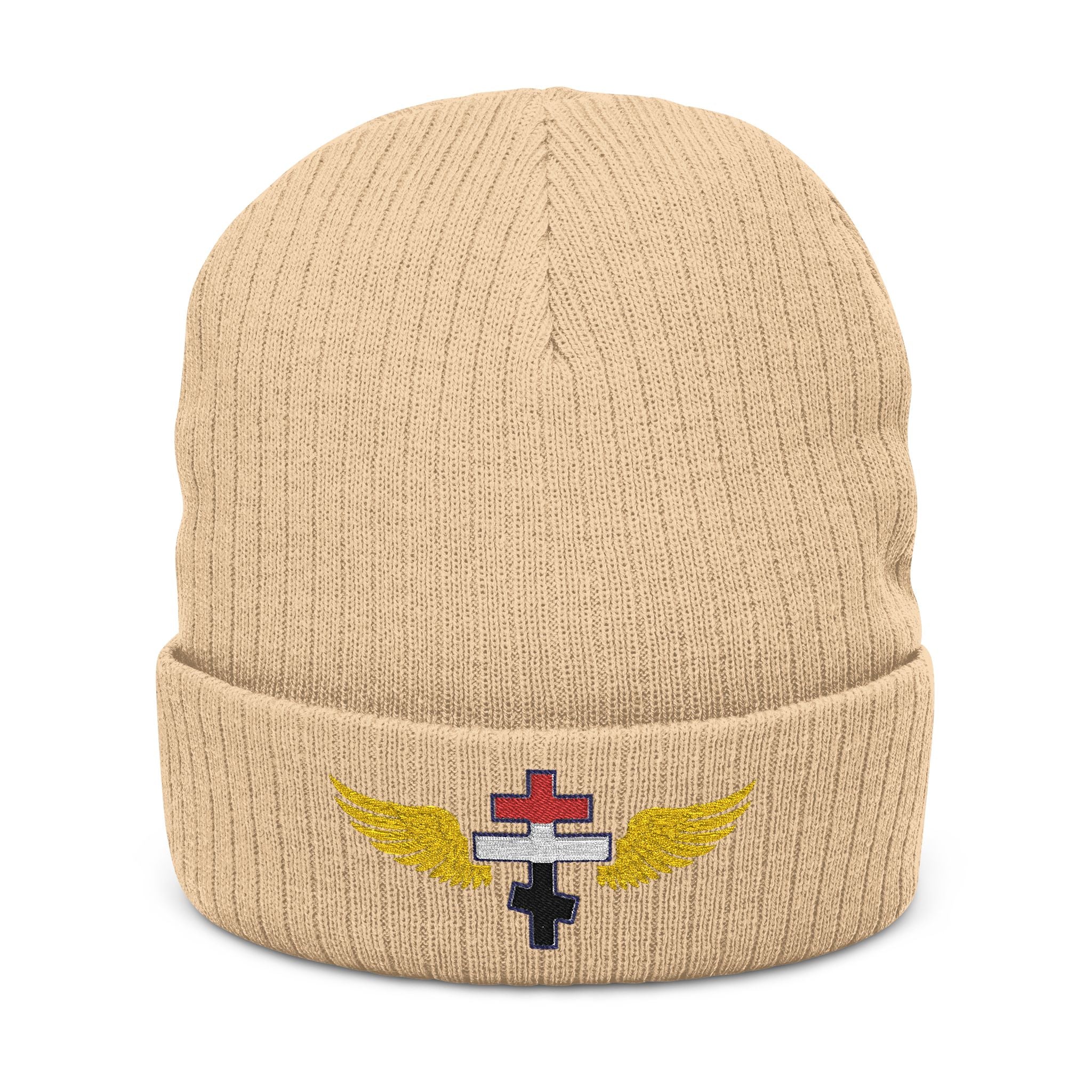 Egyptian Orthodox cross with wings embroidered on ribbed knit beanie -- additional view 2