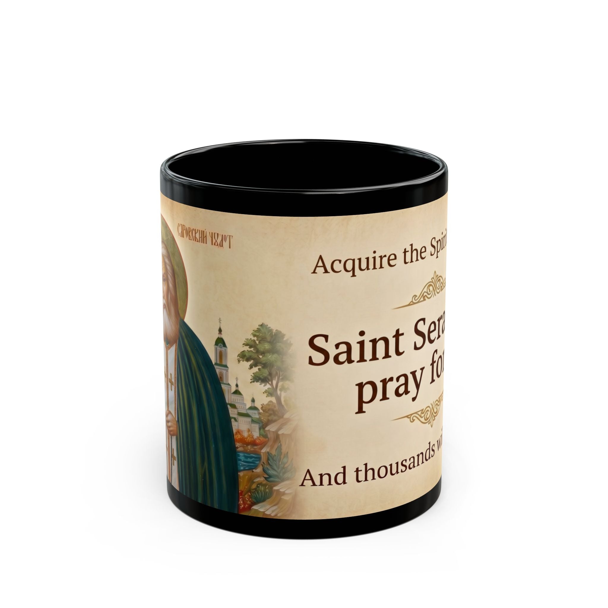 Saint Seraphim of Sarov Orthodox Christian Black Coffee Mug — Orthodox Christian Mug