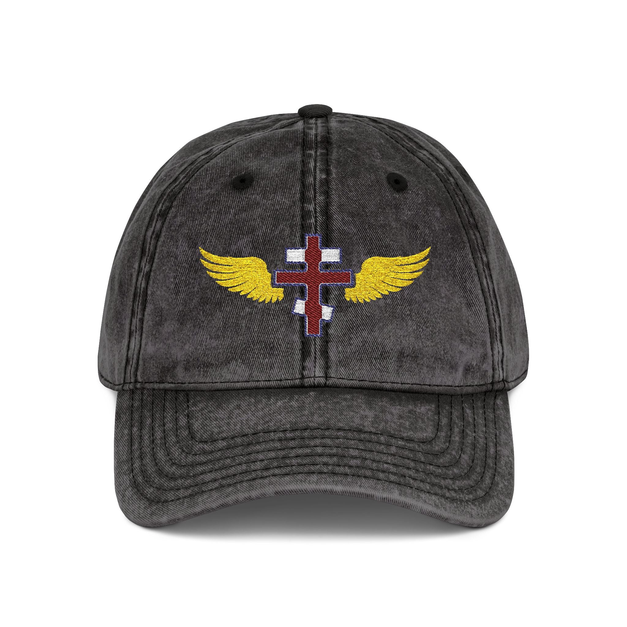 British Orthodox cross with wings embroidered on vintage cotton twill cap