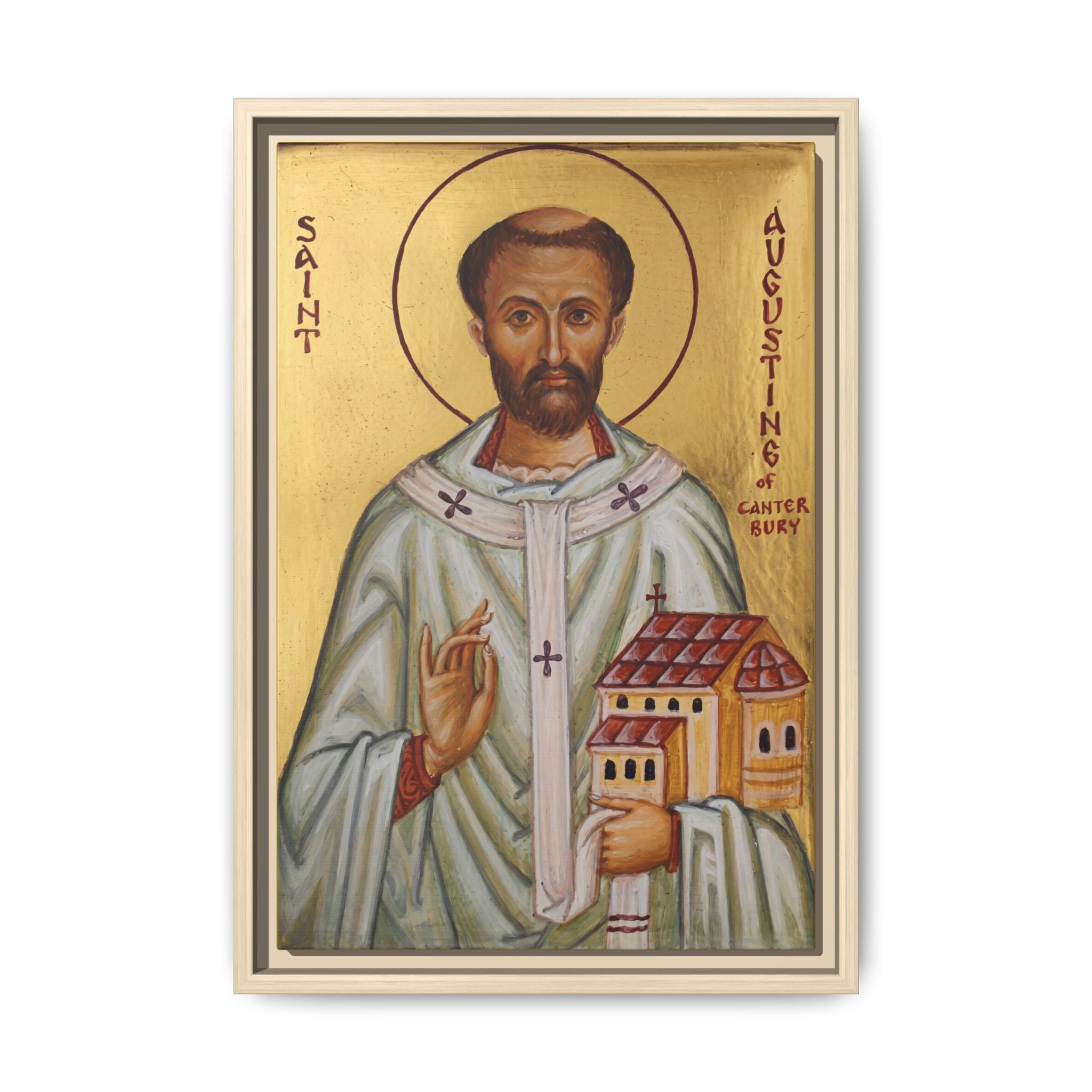 Framed canvas icon of Saint Augustine of Canterbury, traditional Orthodox Christian artwork