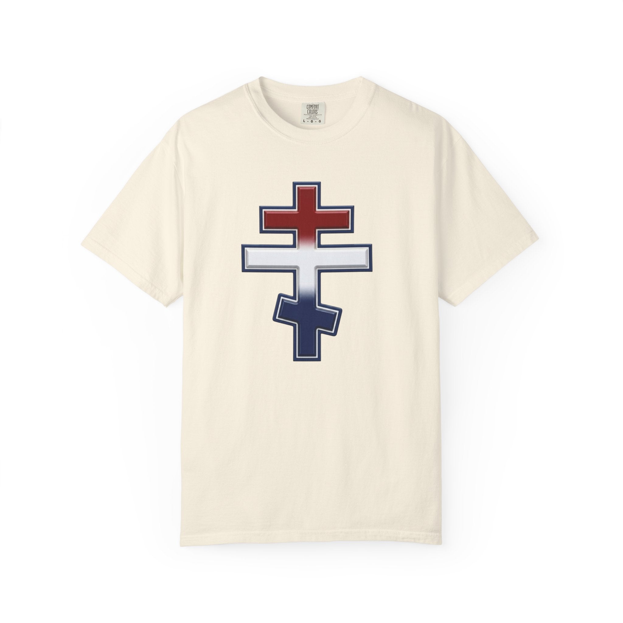 United States Orthodox Cross design on a heavyweight garment-dyed t-shirt