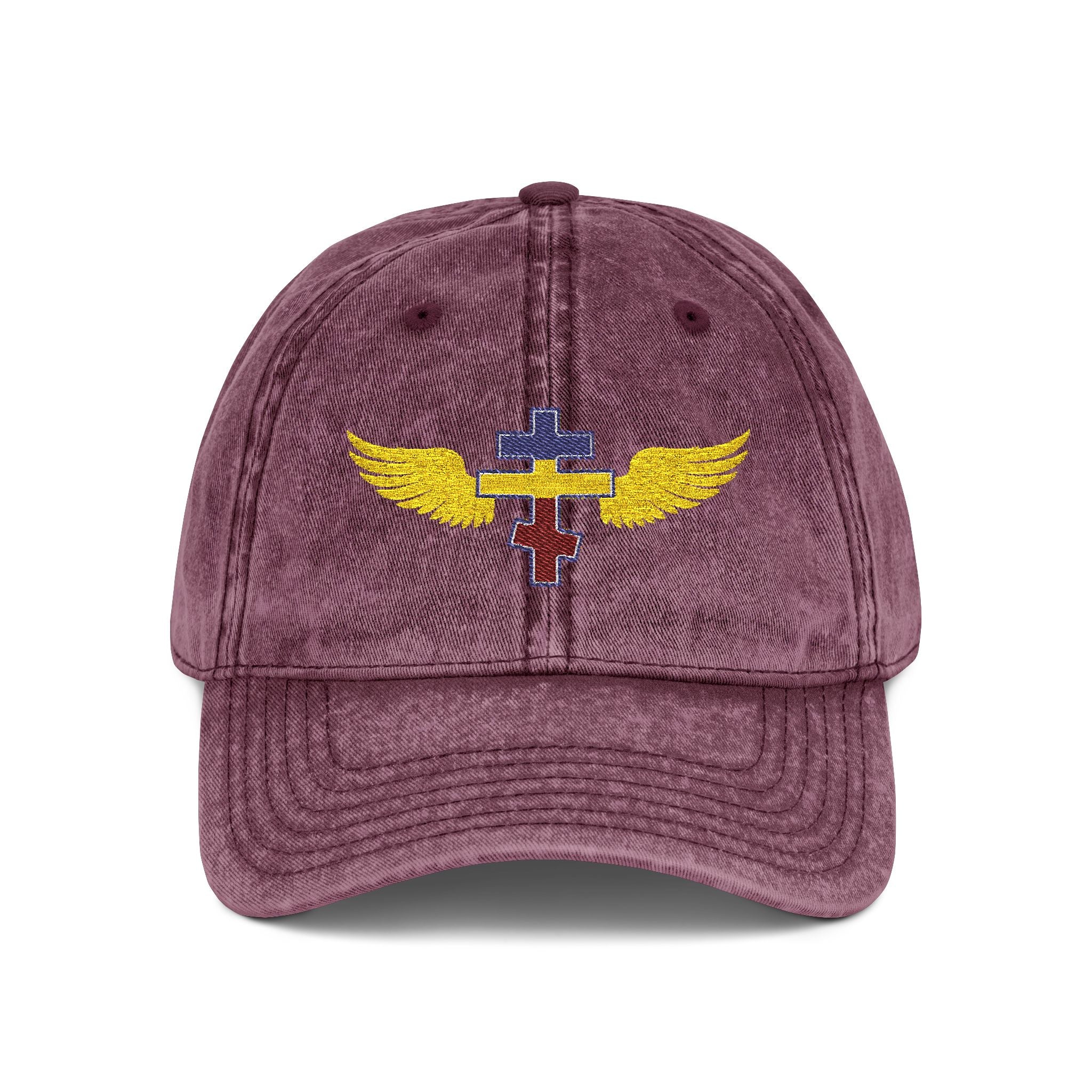 Ugandan Orthodox cross with wings embroidered on vintage cotton twill cap -- additional view 4