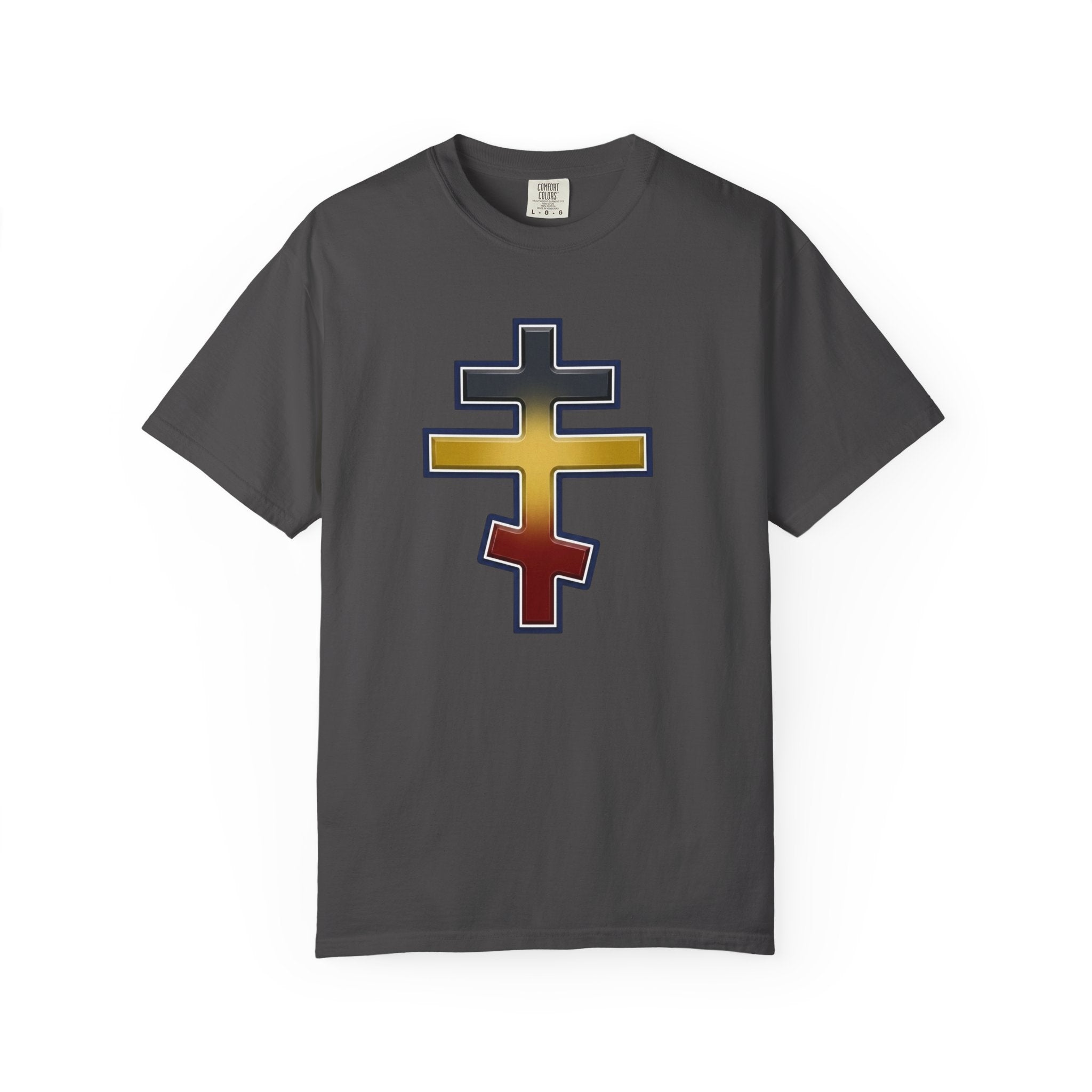 Ugandan Orthodox Cross design on a heavyweight garment-dyed t-shirt