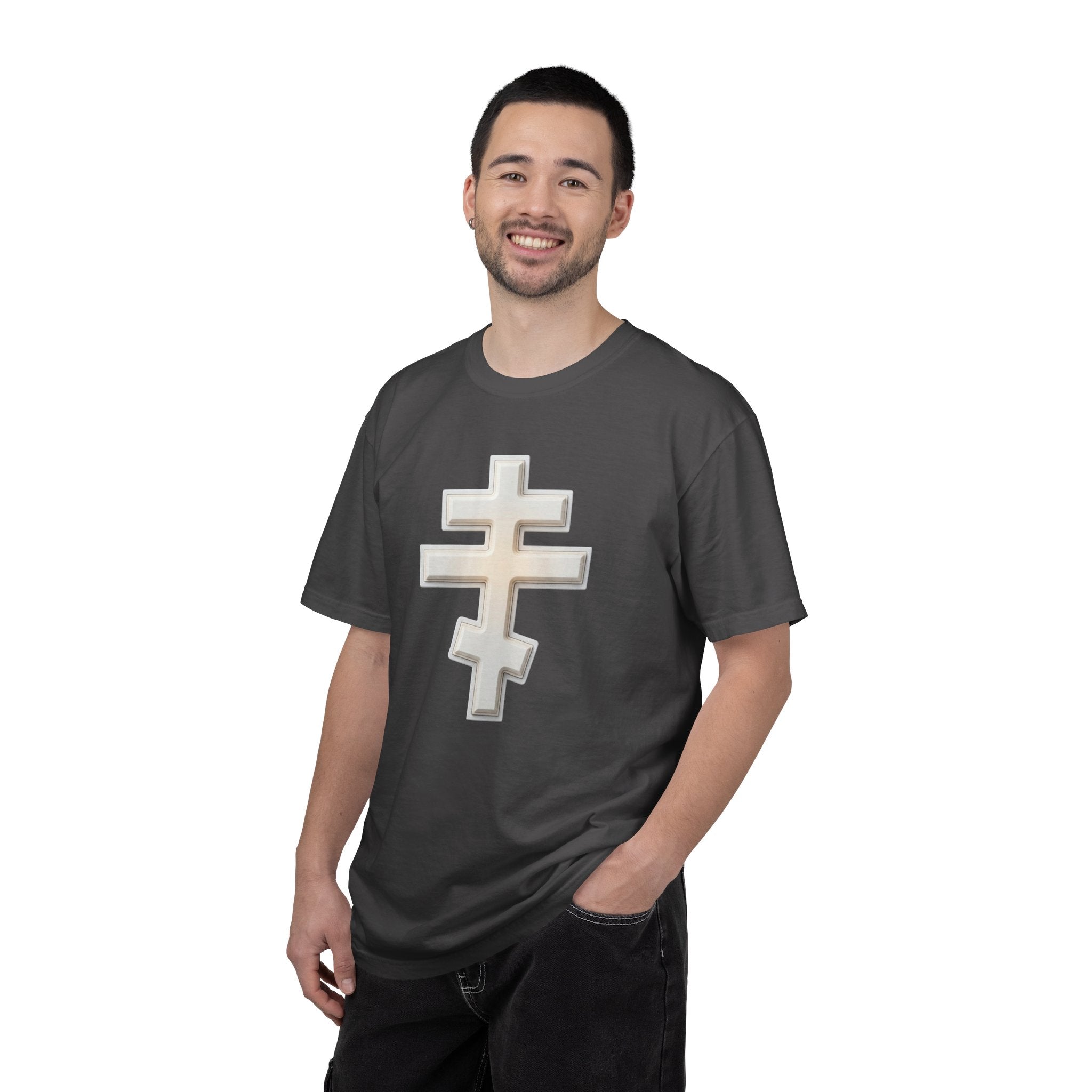 Classic white classic Orthodox cross design on a heavyweight garment-dyed t-shirt