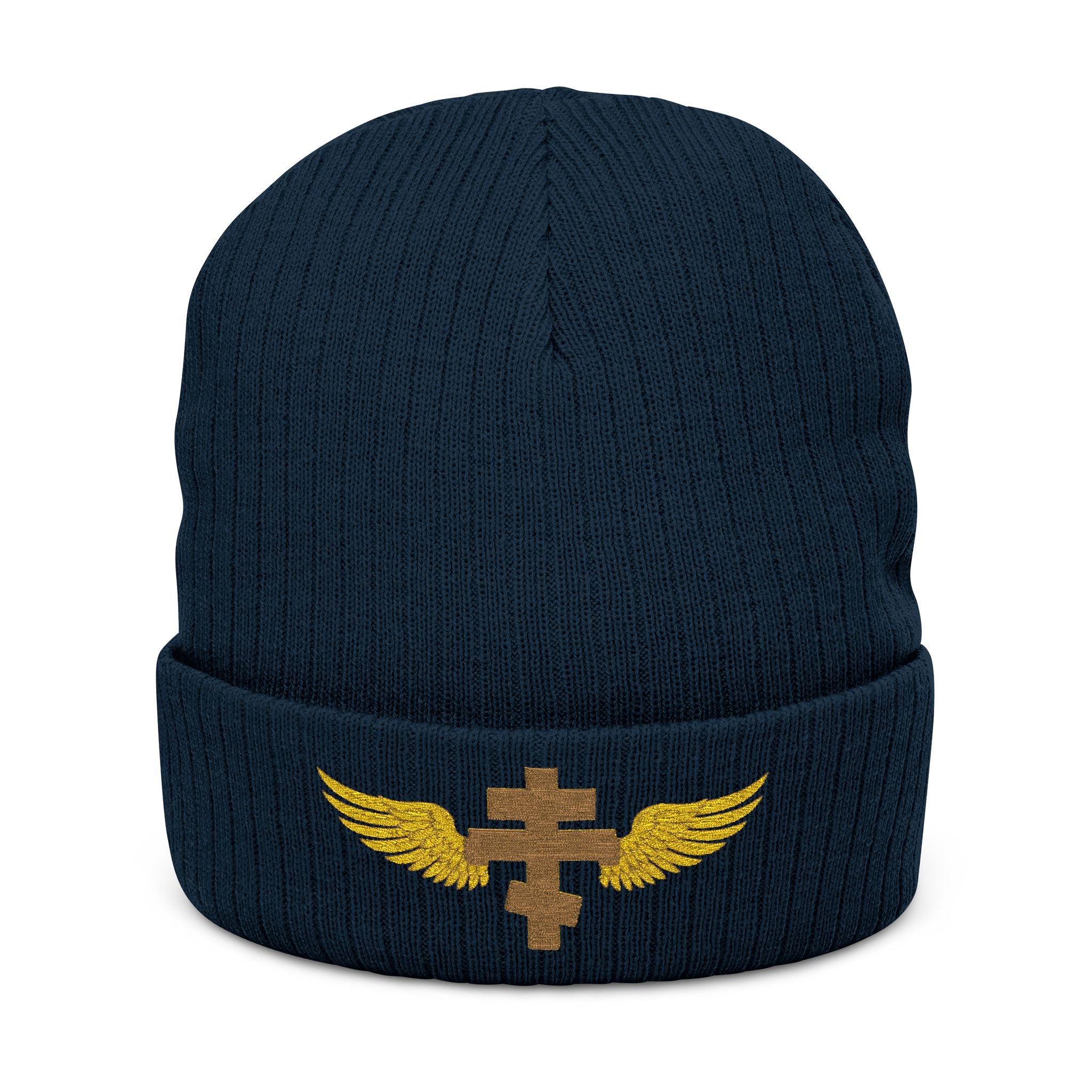 Gold Orthodox cross with wings embroidered on ribbed knit beanie -- additional view 3