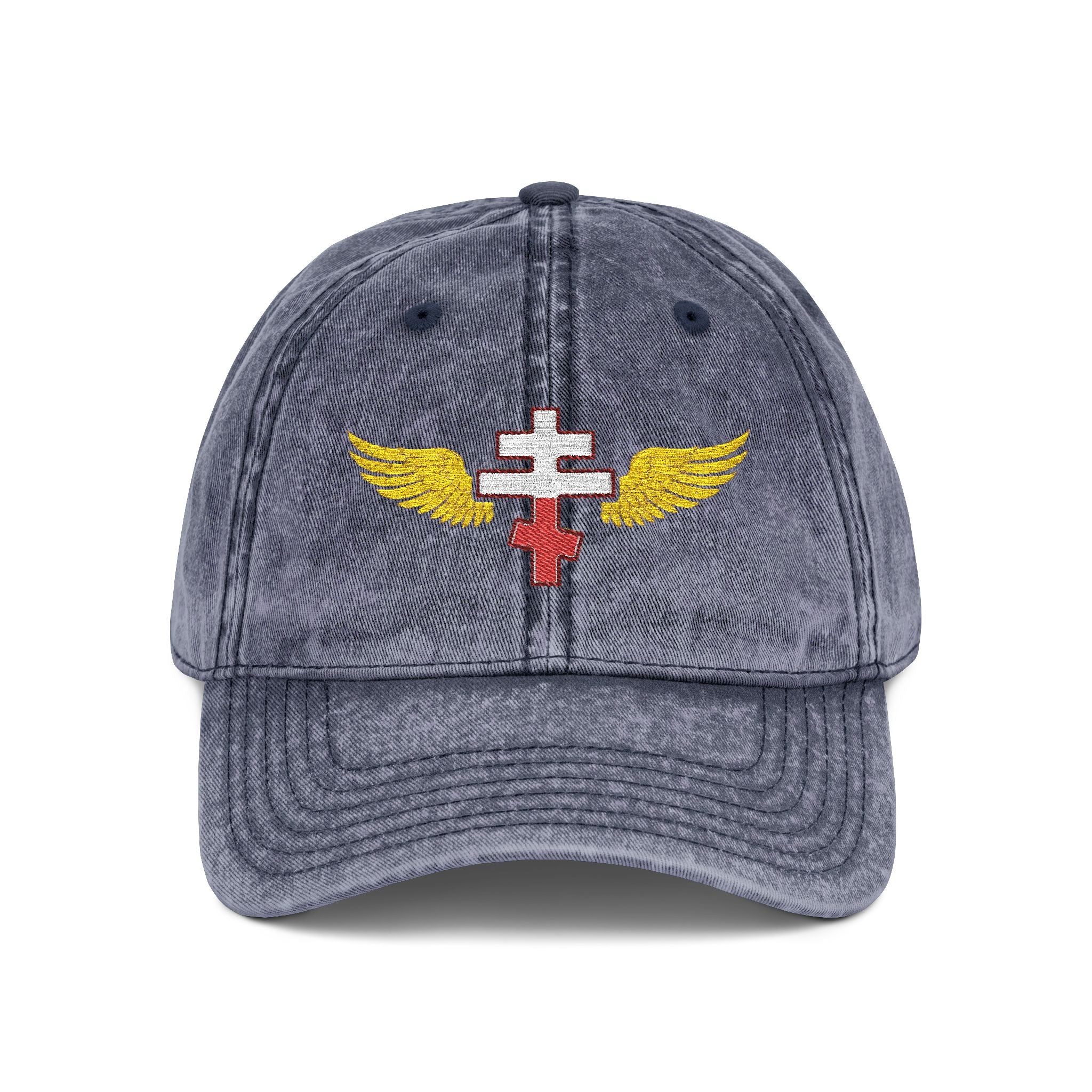Polish Orthodox cross with wings embroidered on vintage cotton twill cap -- additional view 3