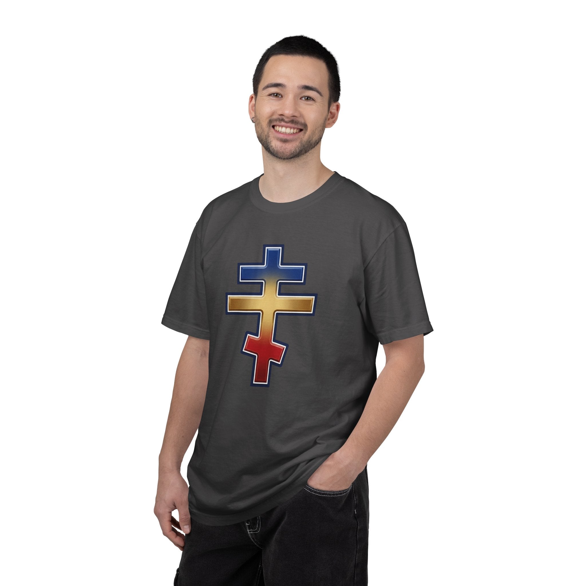 Romanian Orthodox Cross design on a heavyweight garment-dyed t-shirt