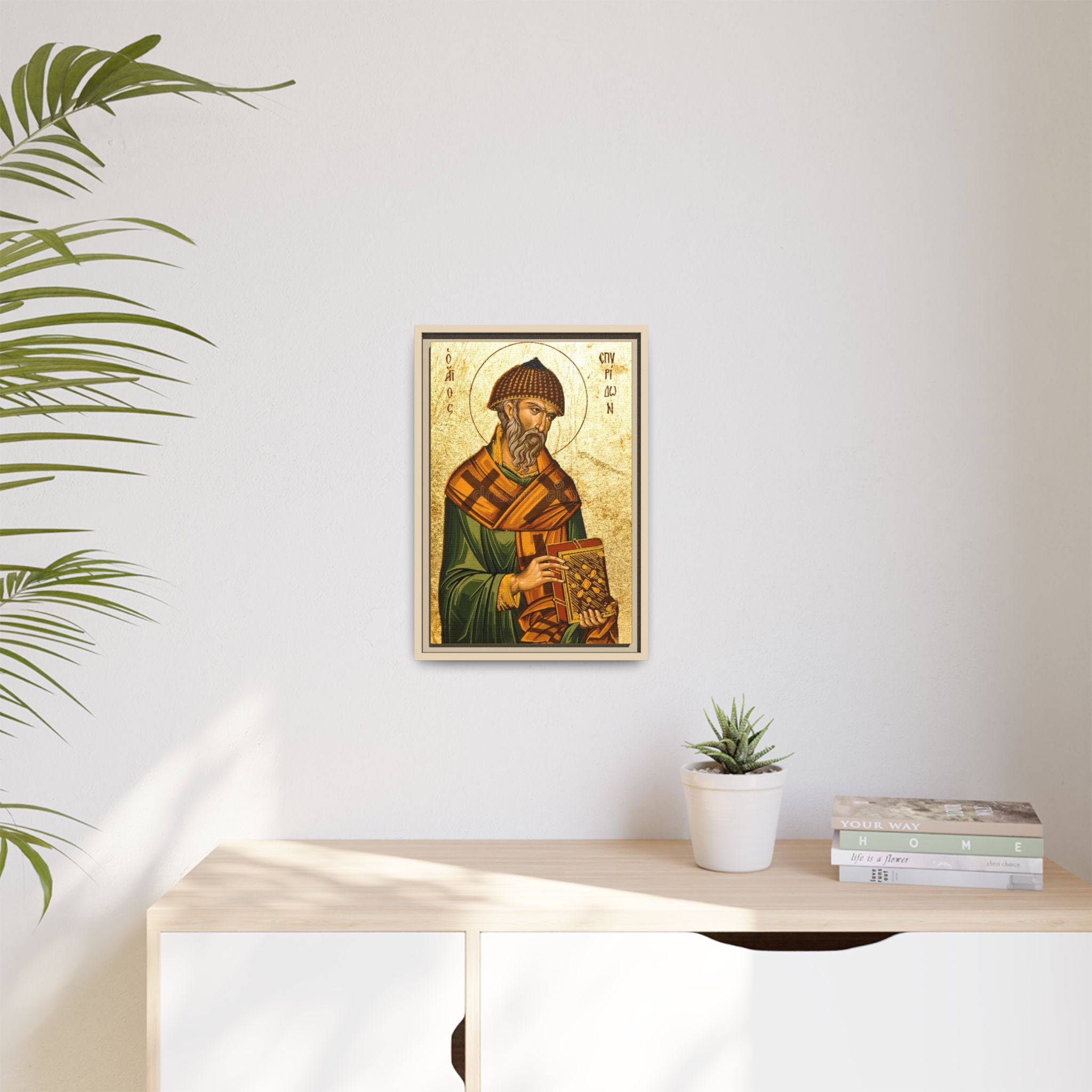 Framed canvas icon of Saint Spyridon of Trimythous, traditional Orthodox Christian artwork