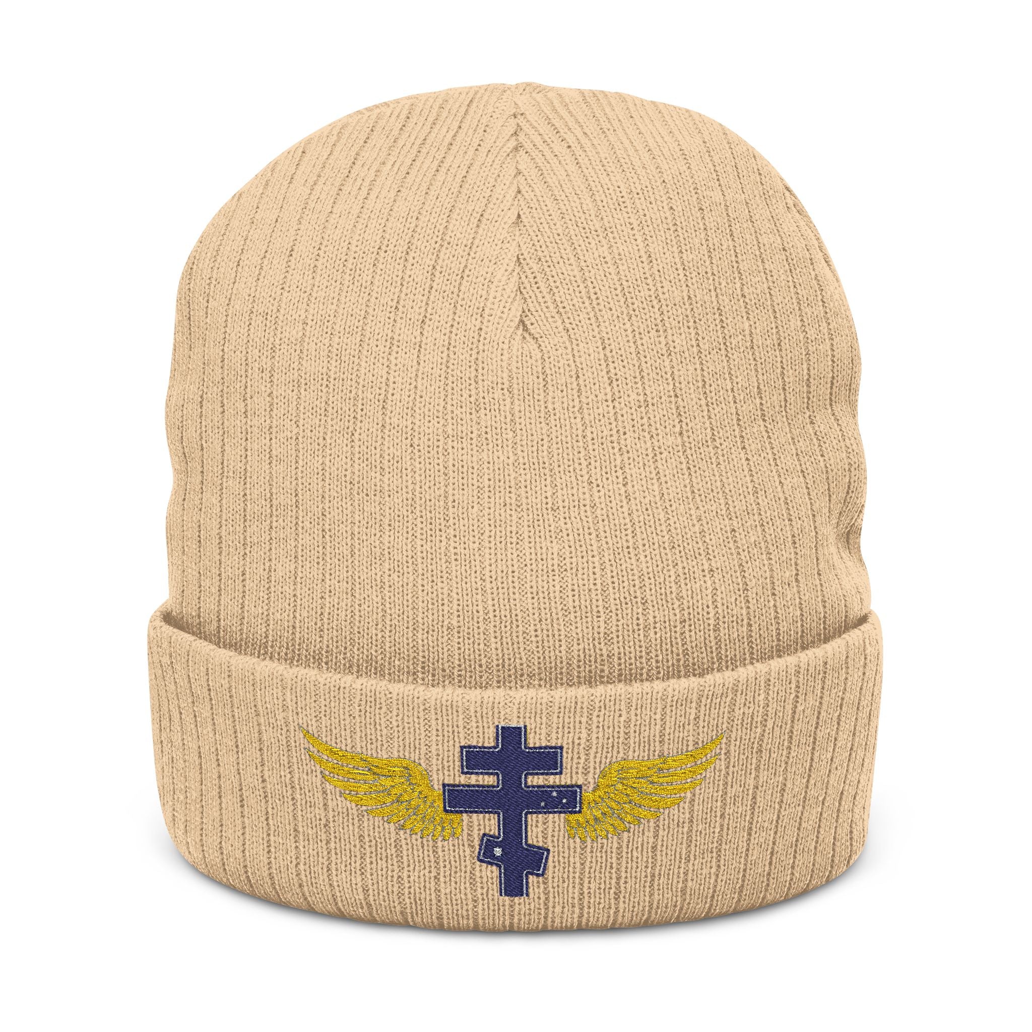 Australian Orthodox cross with wings embroidered on ribbed knit beanie -- additional view 2