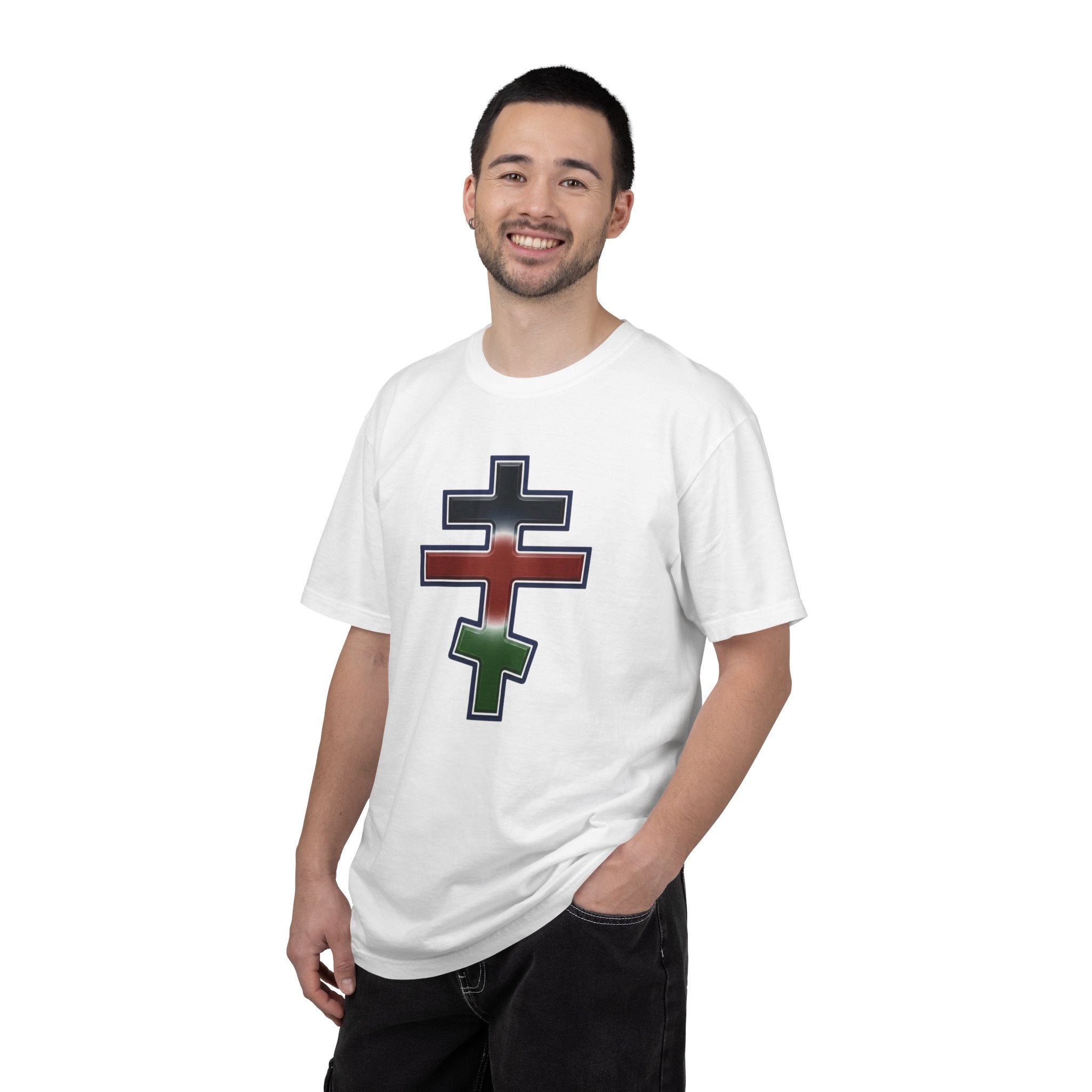 Kenyan Orthodox Cross design on a heavyweight garment-dyed t-shirt
