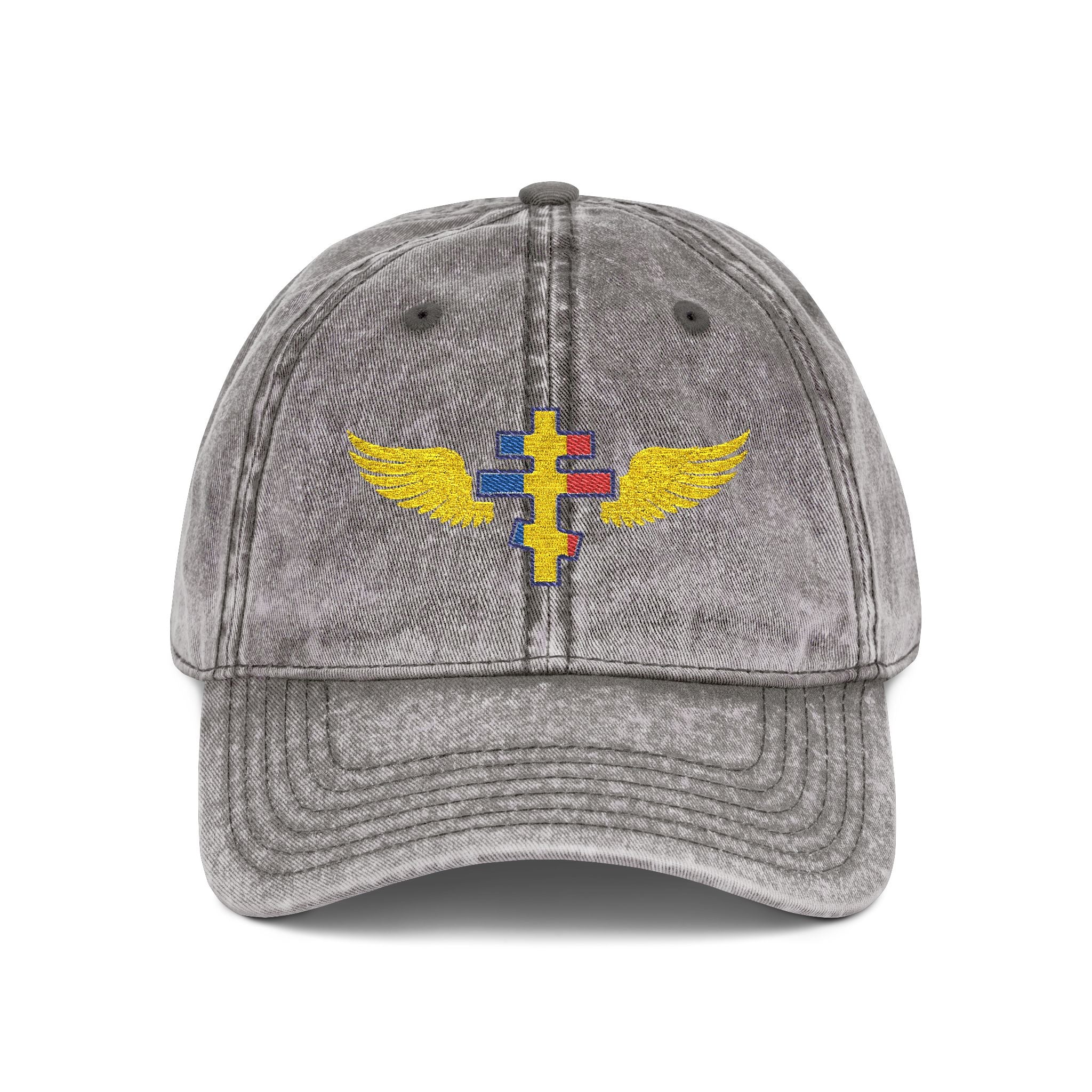 Moldovan Orthodox cross with wings embroidered on vintage cotton twill cap -- additional view 2