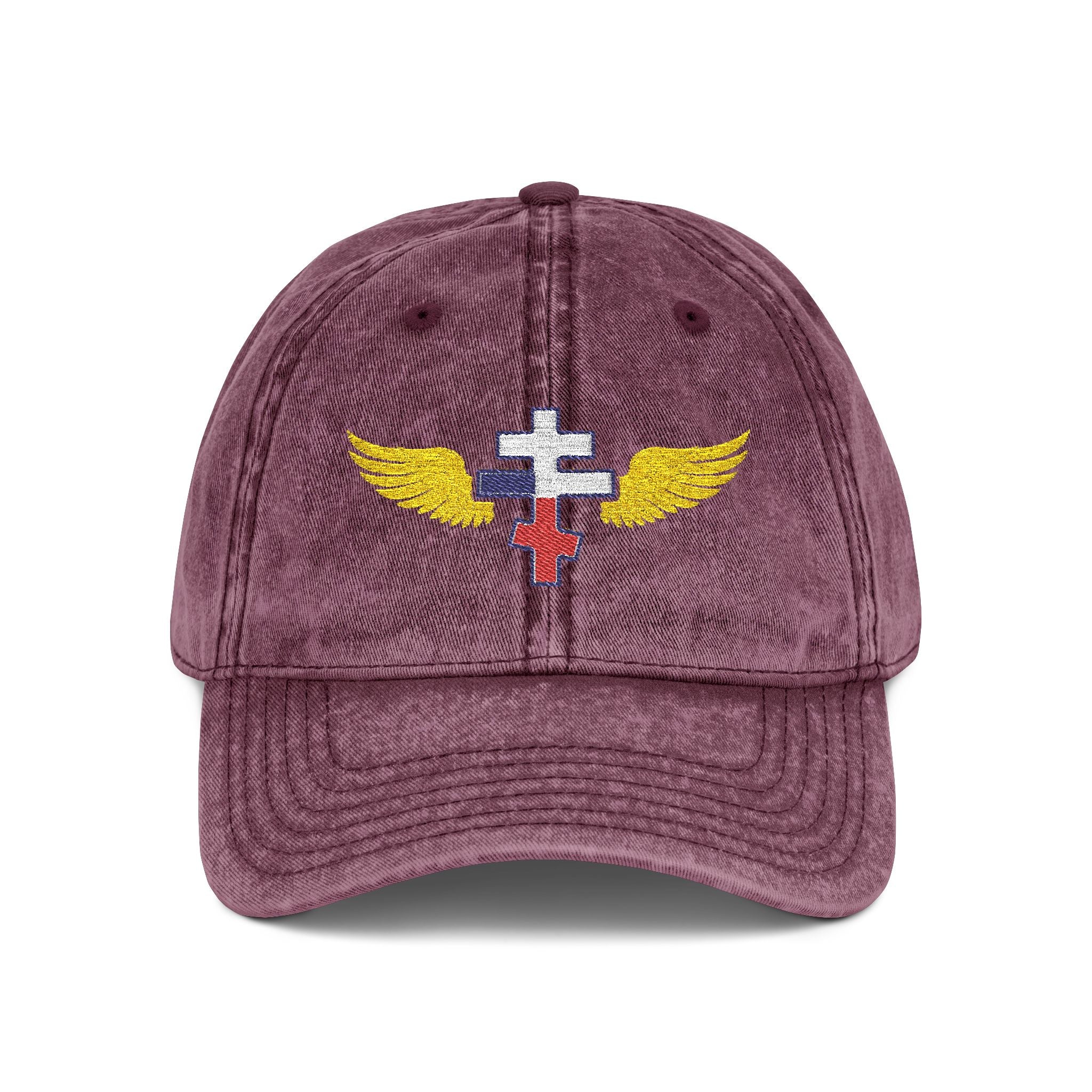 Czech Orthodox cross with wings embroidered on vintage cotton twill cap -- additional view 4