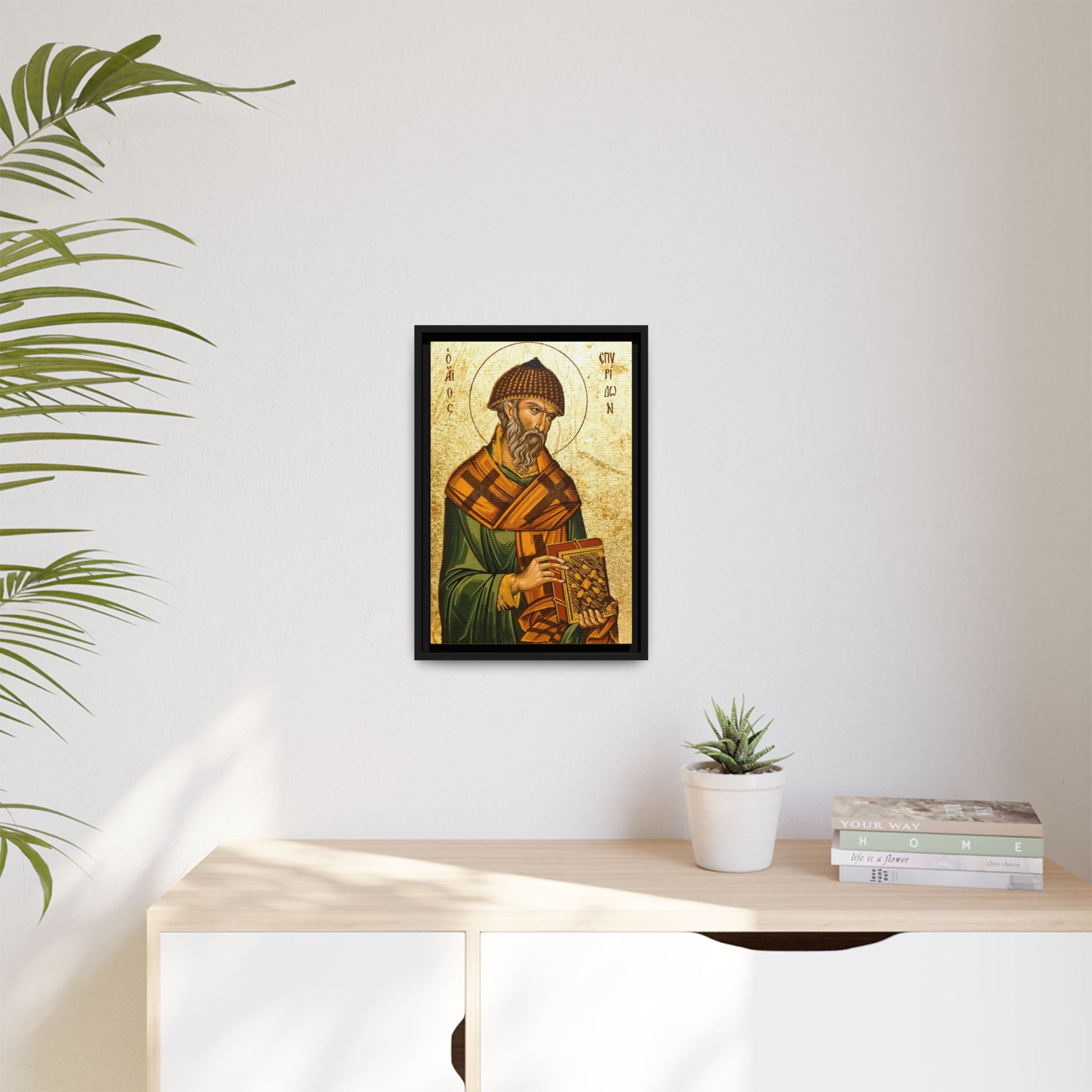Framed canvas icon of Saint Spyridon of Trimythous, traditional Orthodox Christian artwork