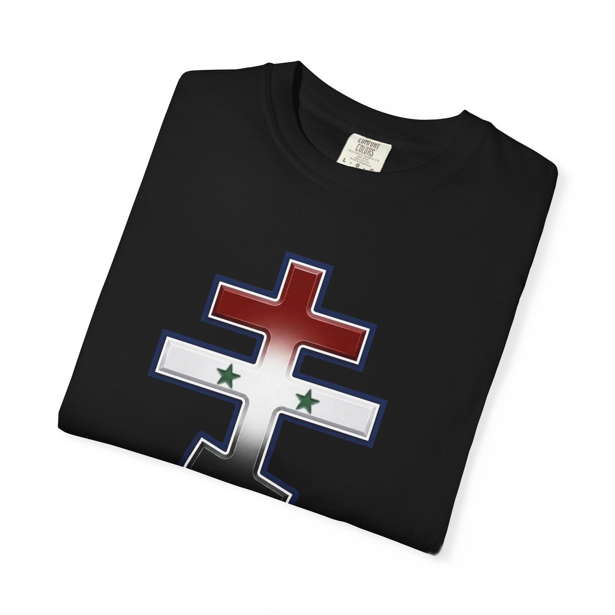 Syrian Orthodox Cross design on a heavyweight garment-dyed t-shirt