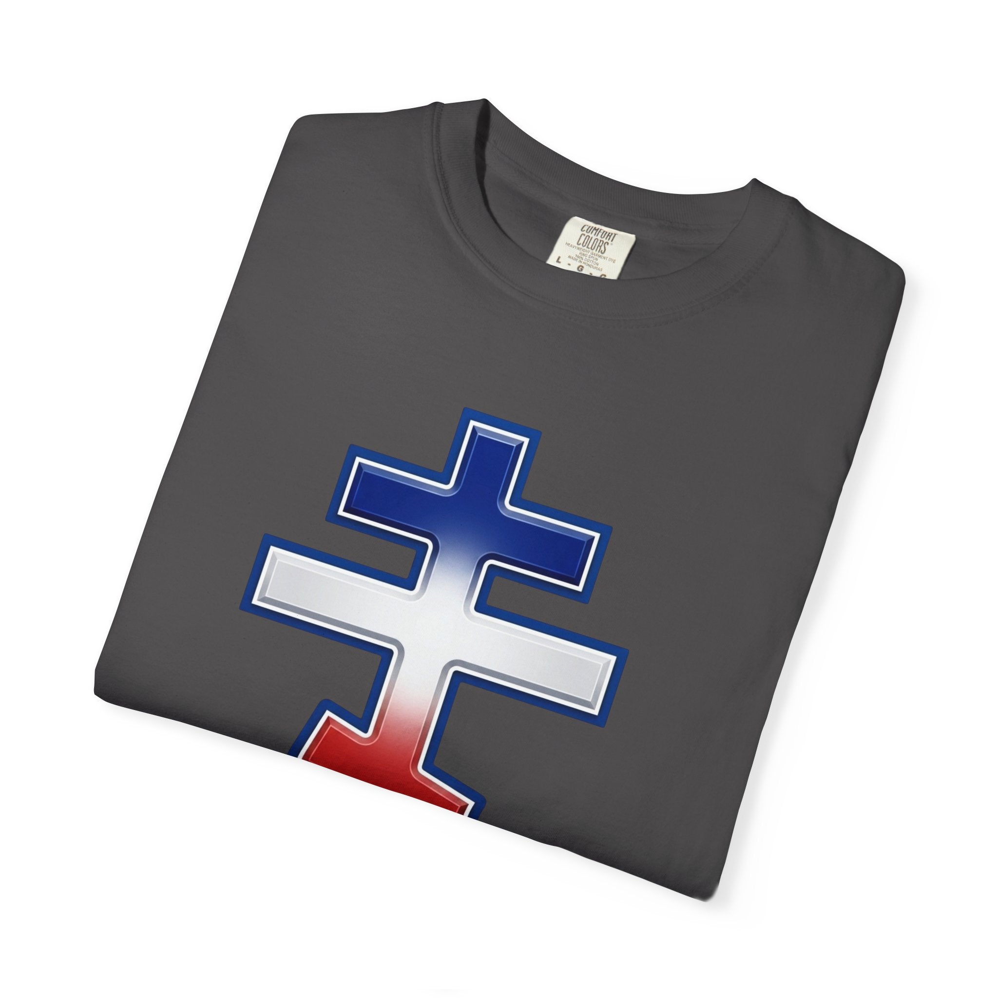 French Orthodox Cross design on a heavyweight garment-dyed t-shirt