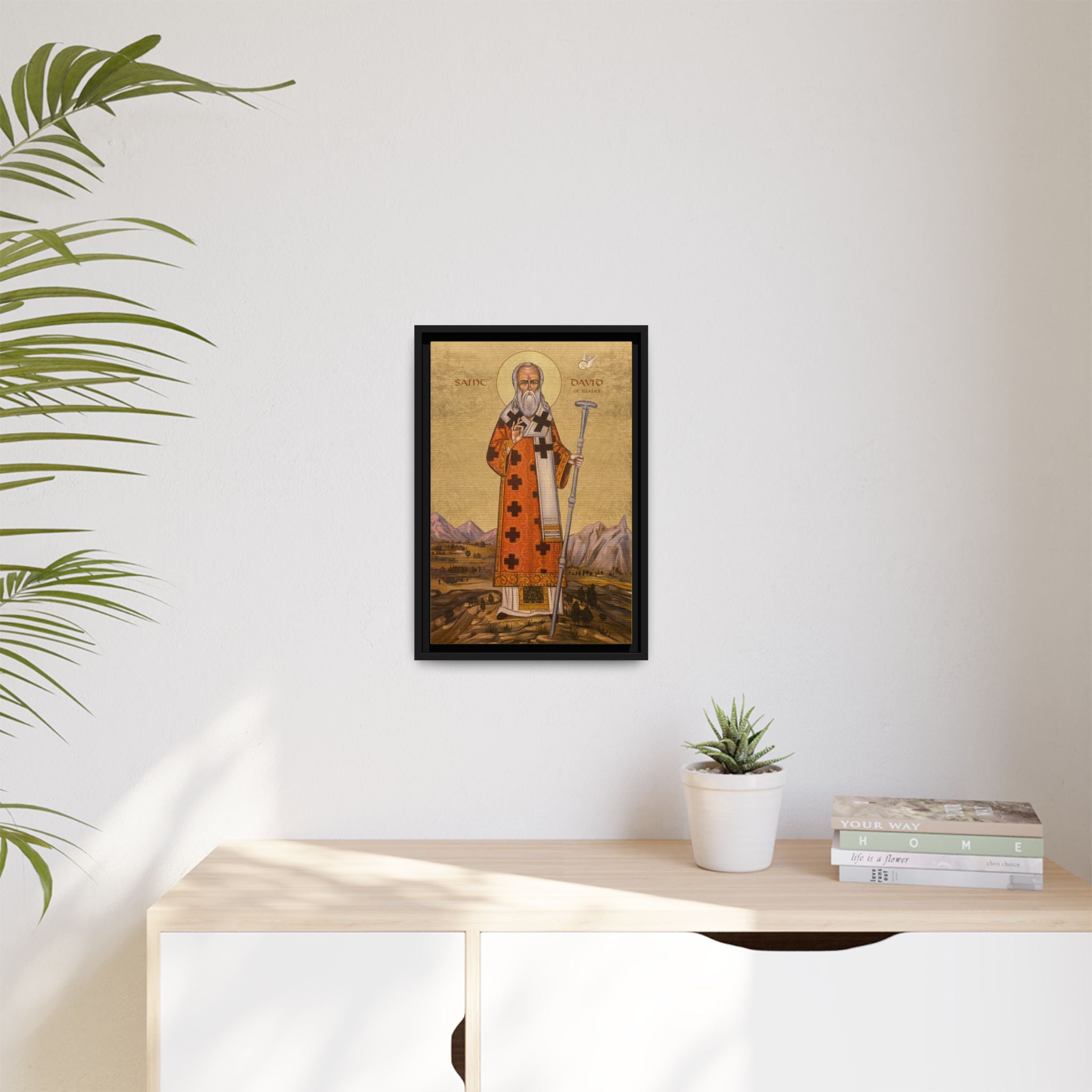 Framed canvas icon of Saint David of Wales, traditional Orthodox Christian artwork