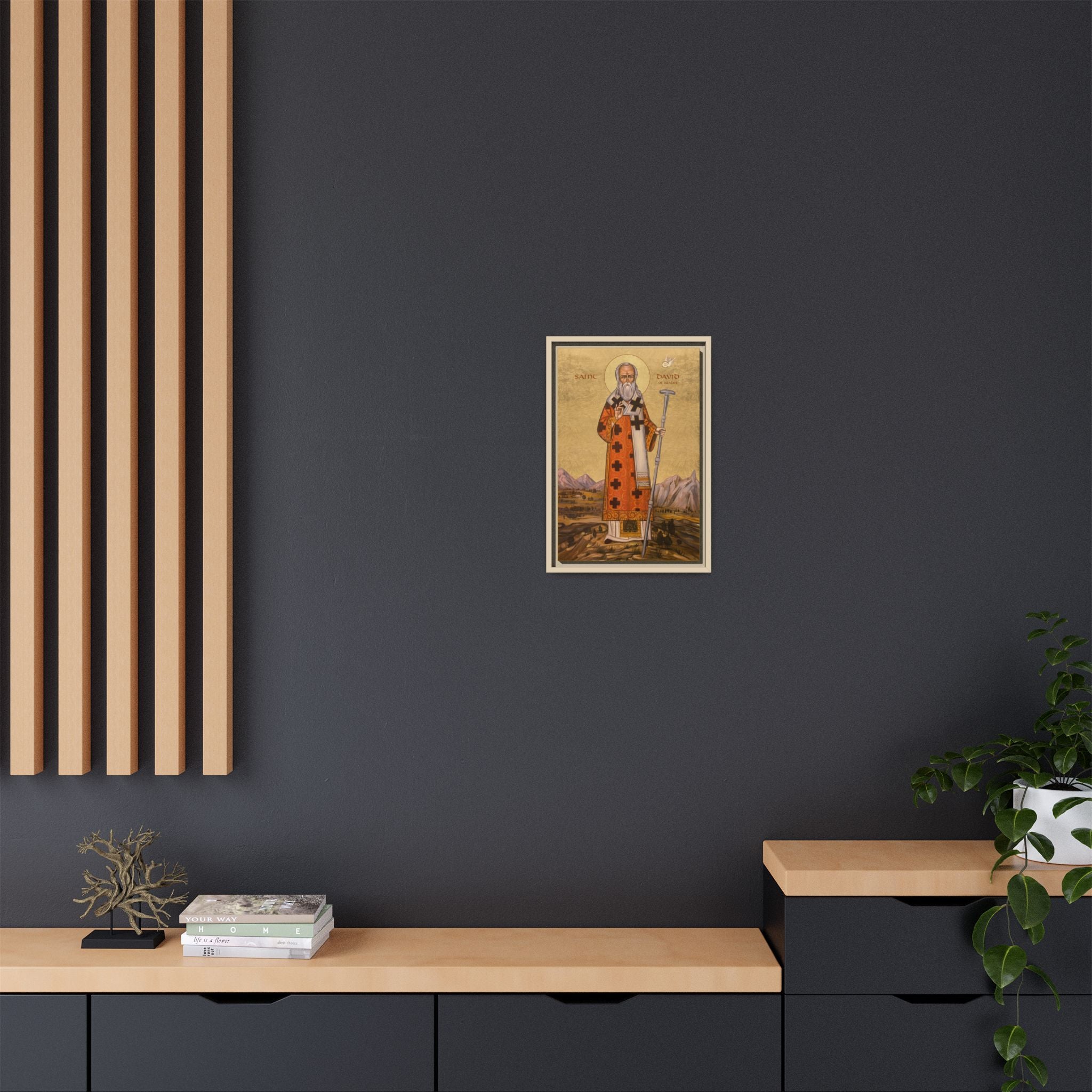 Framed canvas icon of Saint David of Wales, traditional Orthodox Christian artwork