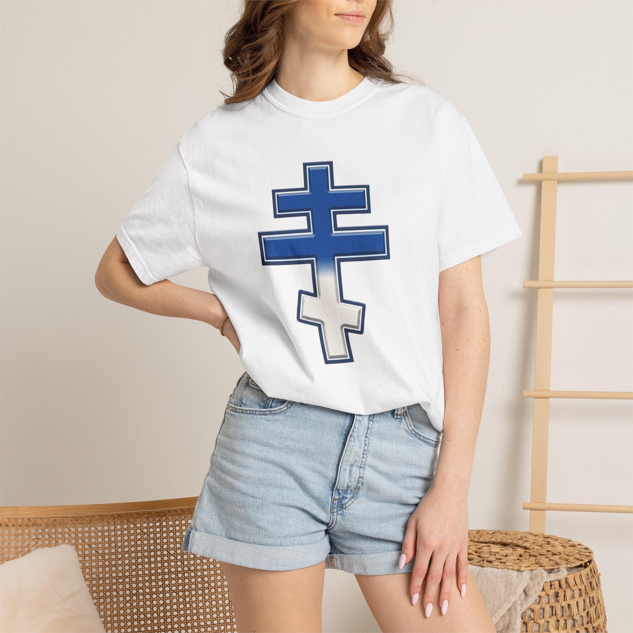 Greek Orthodox Cross design on a heavyweight garment-dyed t-shirt