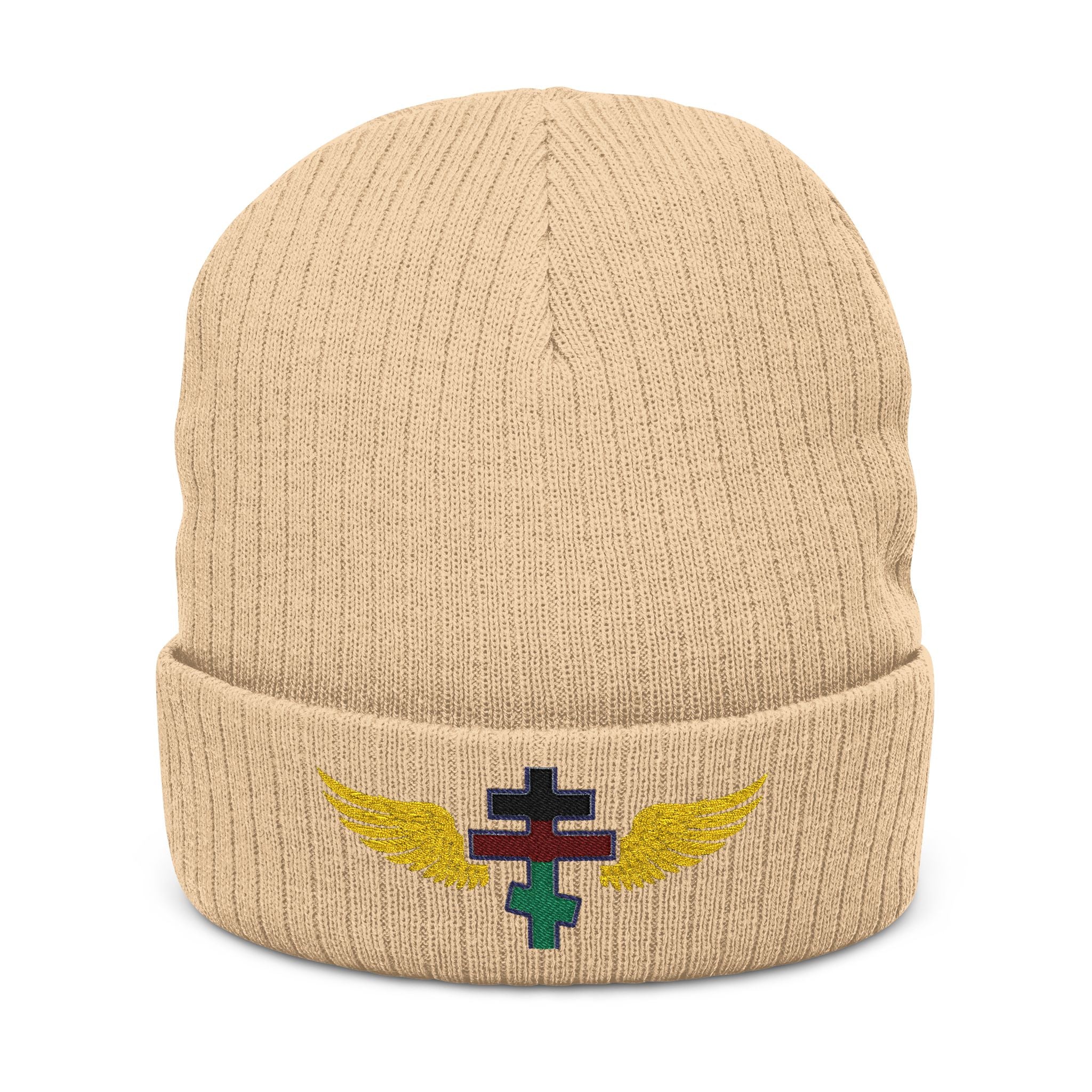 Kenyan Orthodox cross with wings embroidered on ribbed knit beanie -- additional view 2