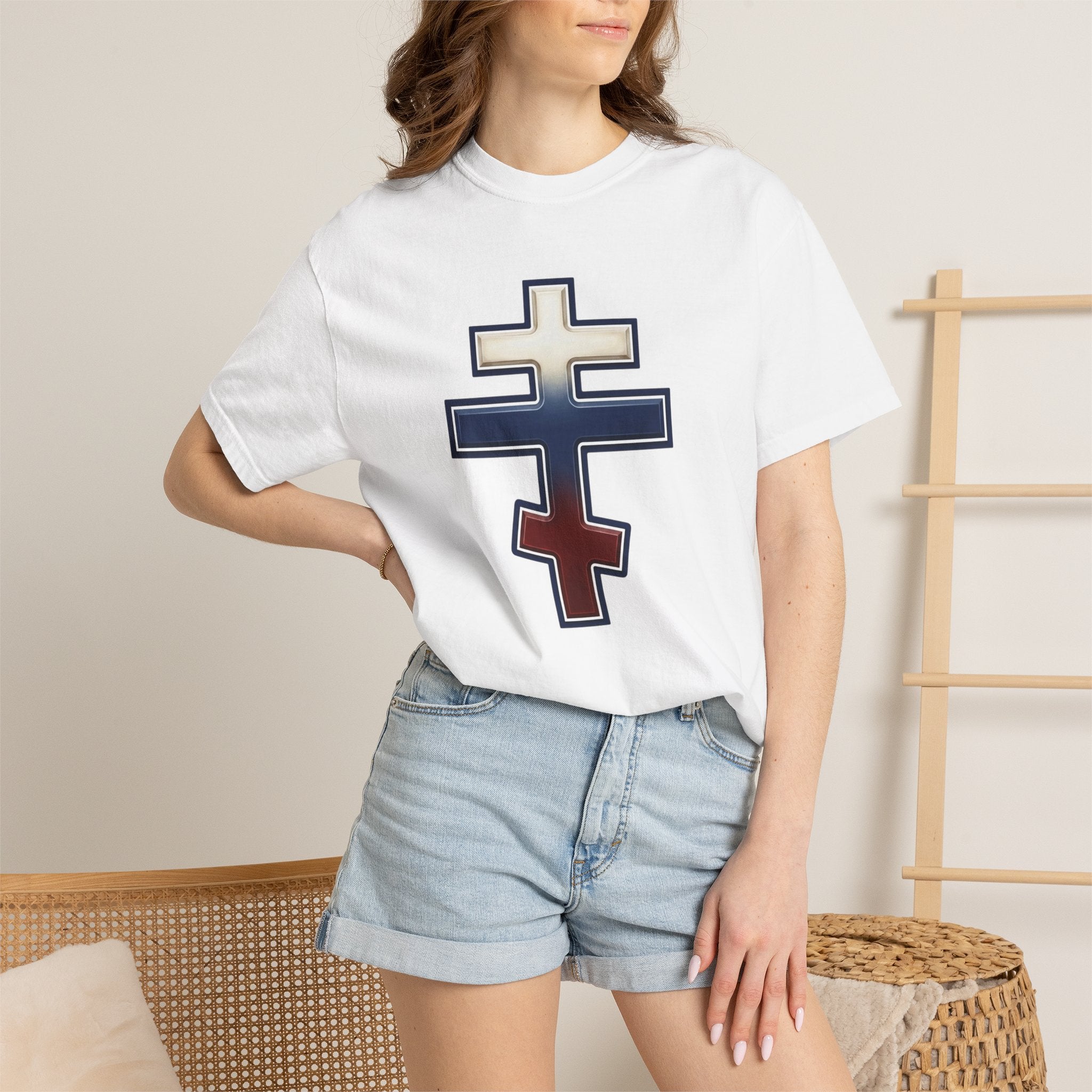 Russian Orthodox Cross design on a heavyweight garment-dyed t-shirt