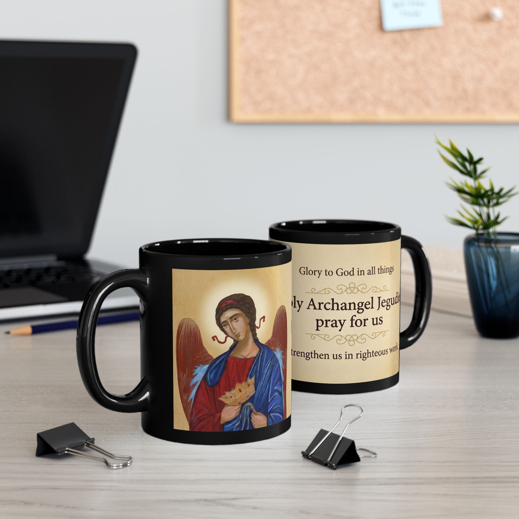 Archangel Jegudiel Orthodox Christian Black Coffee Mug — Christian Gift Idea