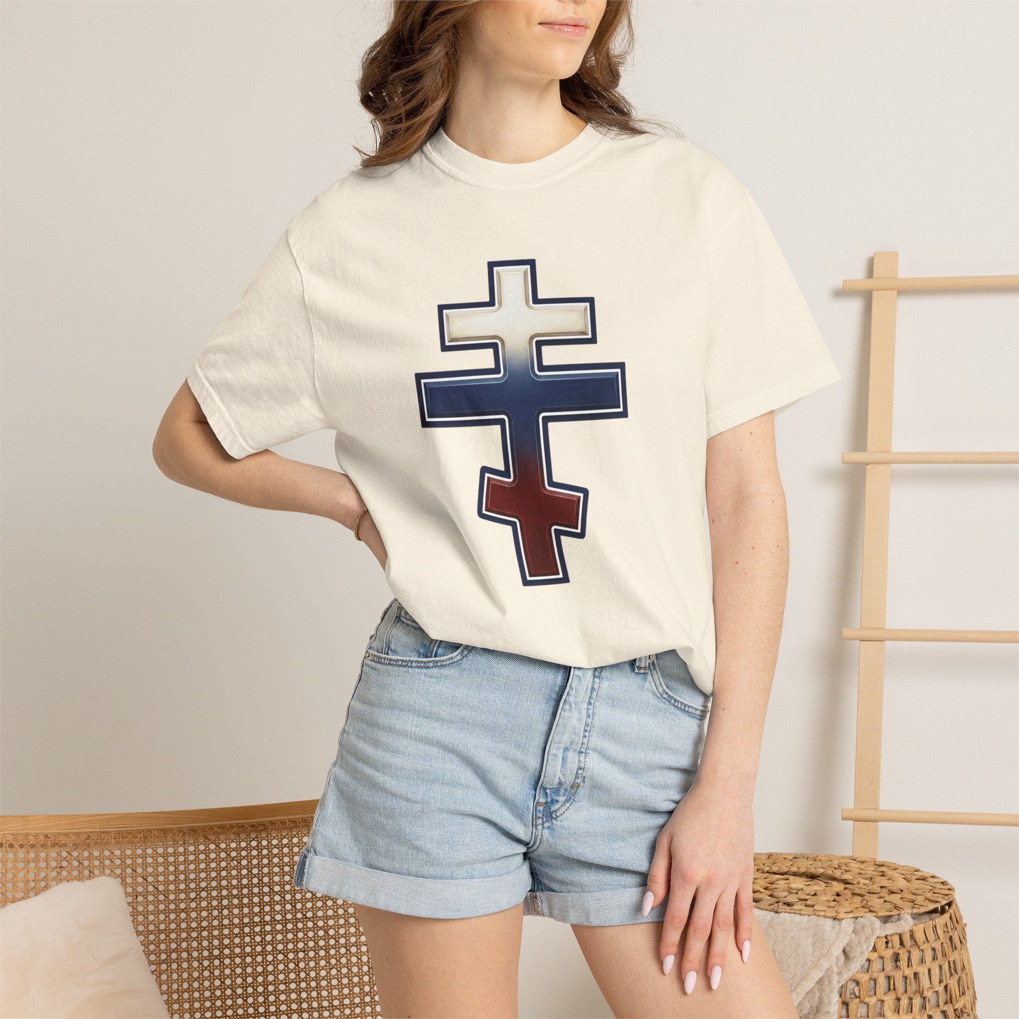 Russian Orthodox Cross design on a heavyweight garment-dyed t-shirt