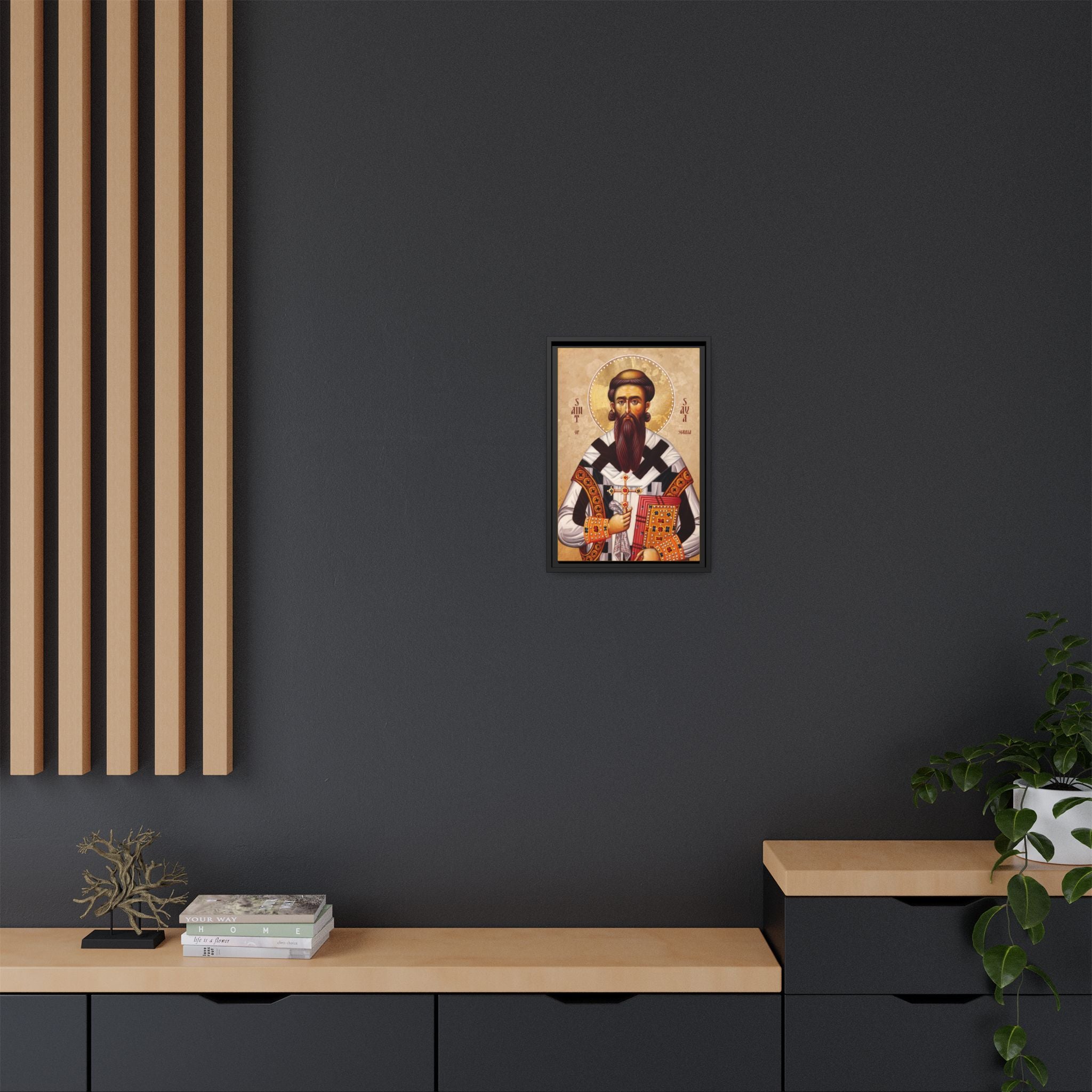 Framed canvas icon of Saint Sava of Serbia, traditional Orthodox Christian artwork