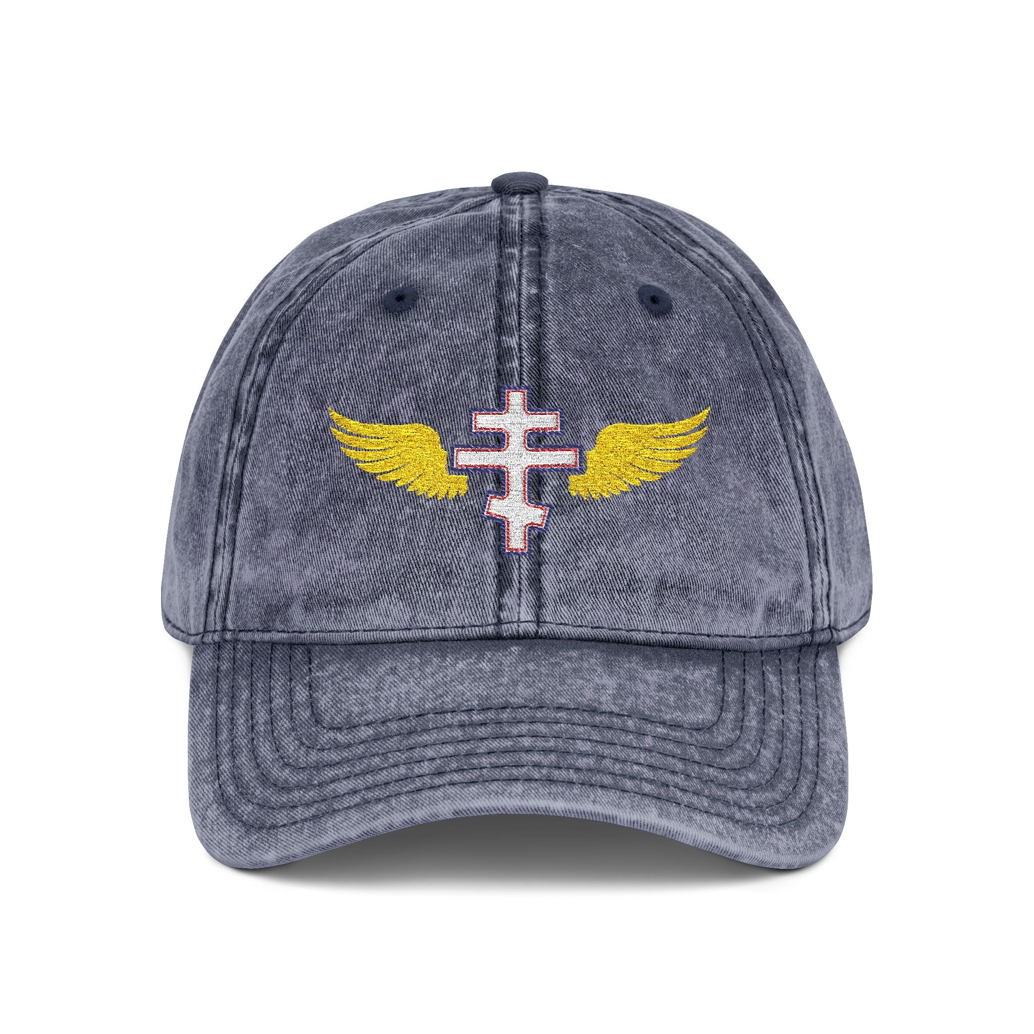 Georgian Orthodox cross with wings embroidered on vintage cotton twill cap -- additional view 3