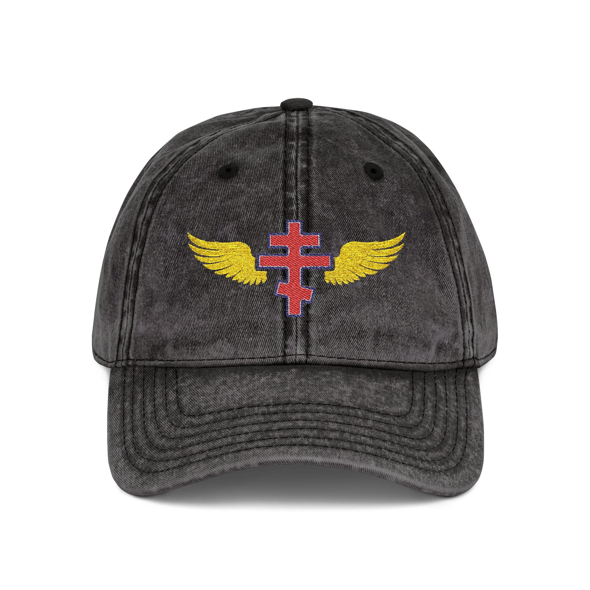Latvian Orthodox cross with wings embroidered on vintage cotton twill cap