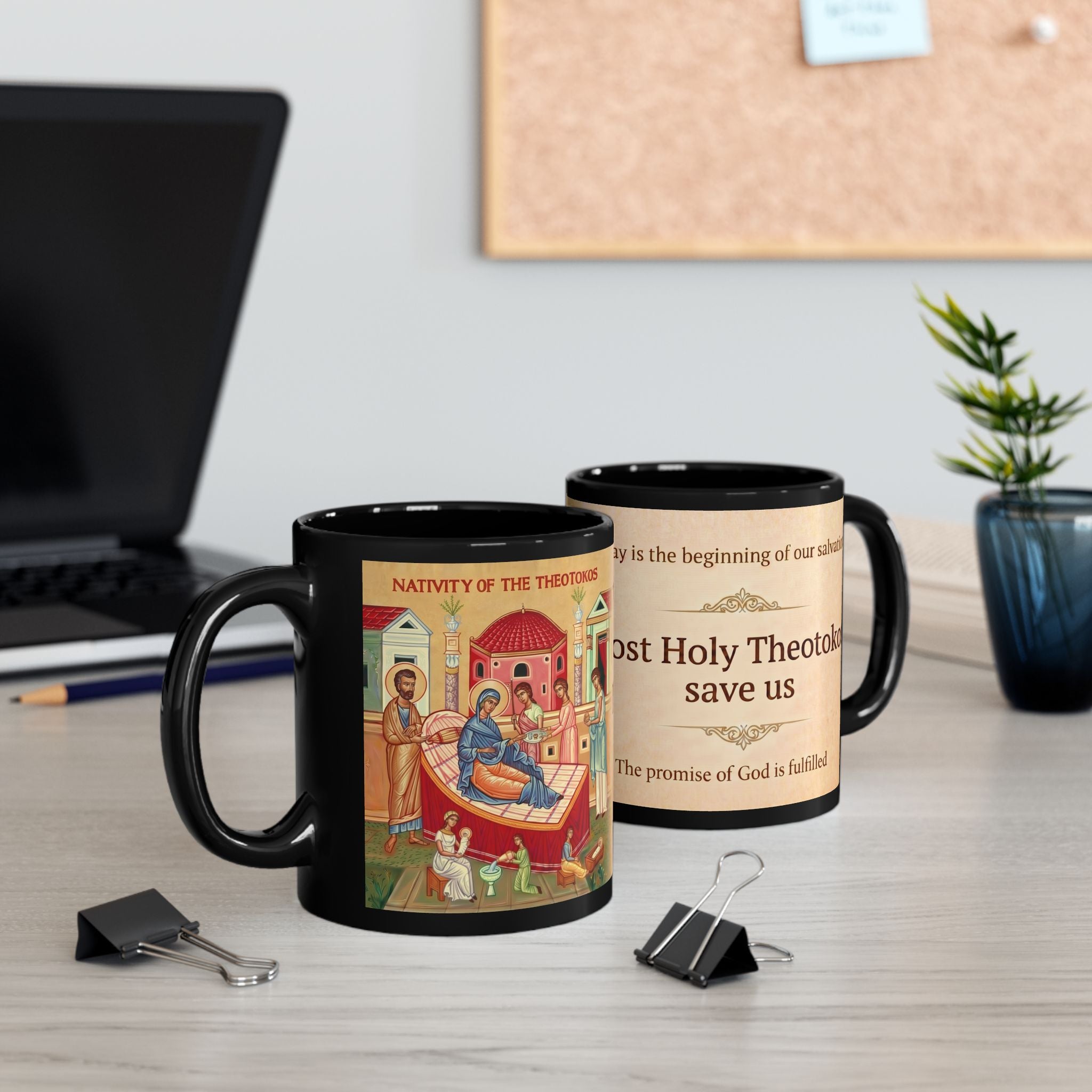 Nativity of the Theotokos Orthodox Christian Black Coffee Mug — Christian Gift Idea