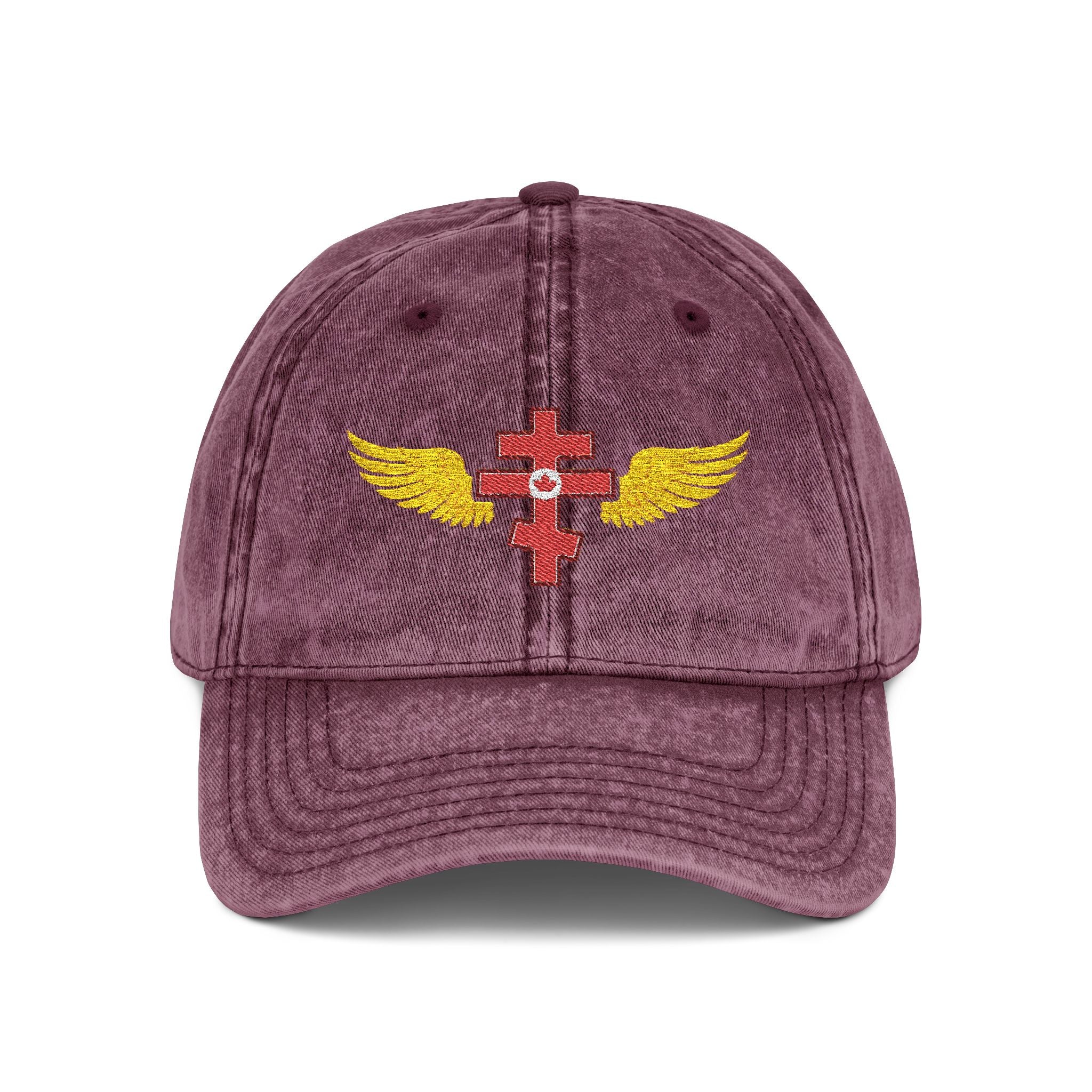 Canadian Orthodox cross with wings embroidered on vintage cotton twill cap -- additional view 4