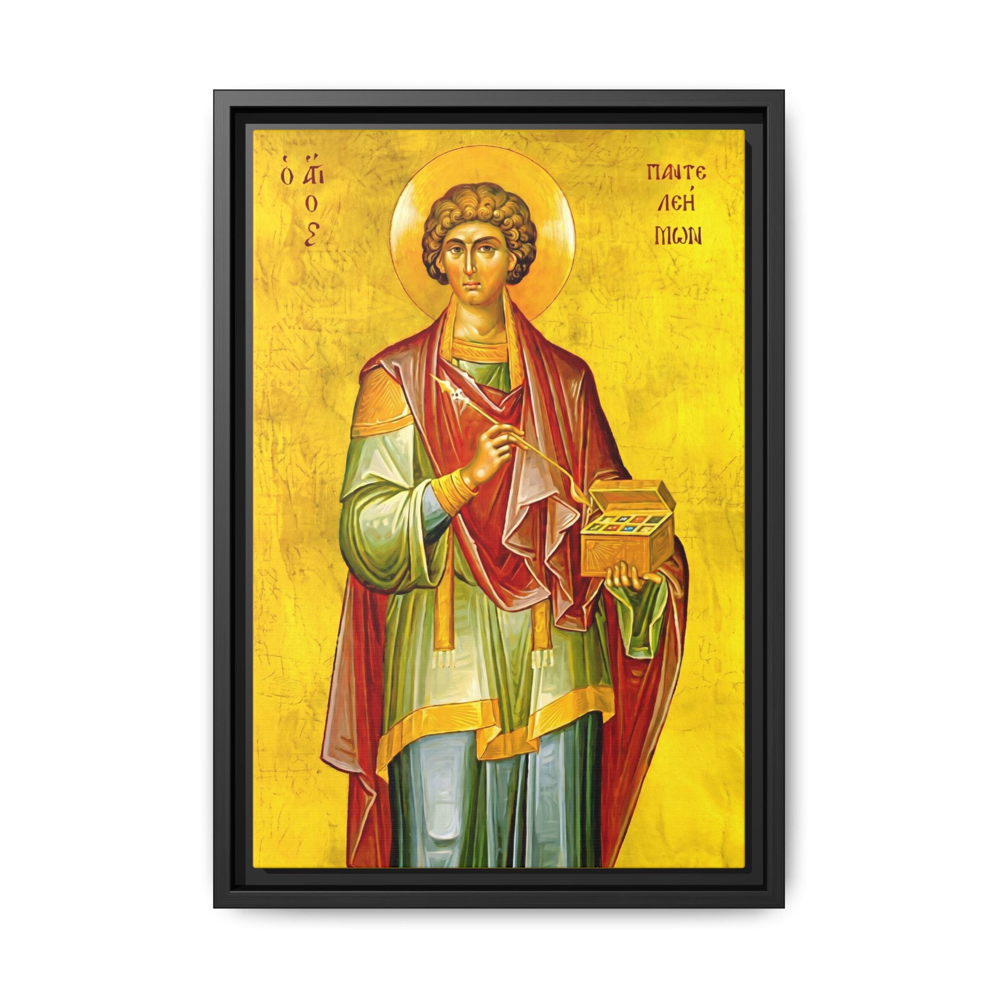 Framed canvas icon of Saint Panteleimon the Healer, traditional Orthodox Christian artwork