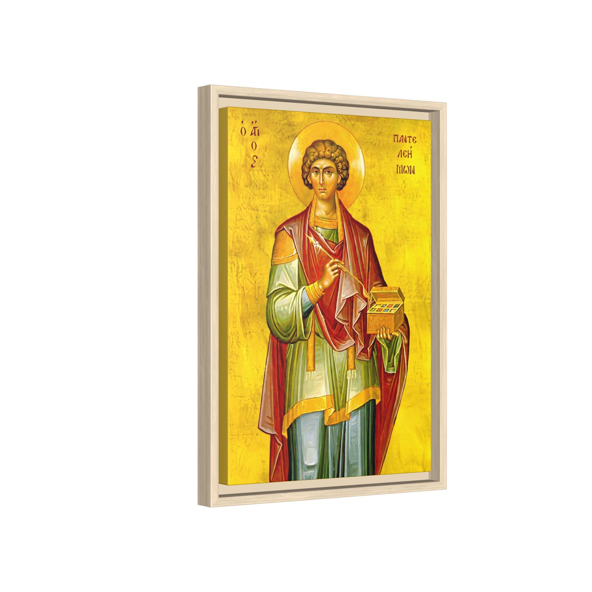 Framed canvas icon of Saint Panteleimon the Healer, traditional Orthodox Christian artwork