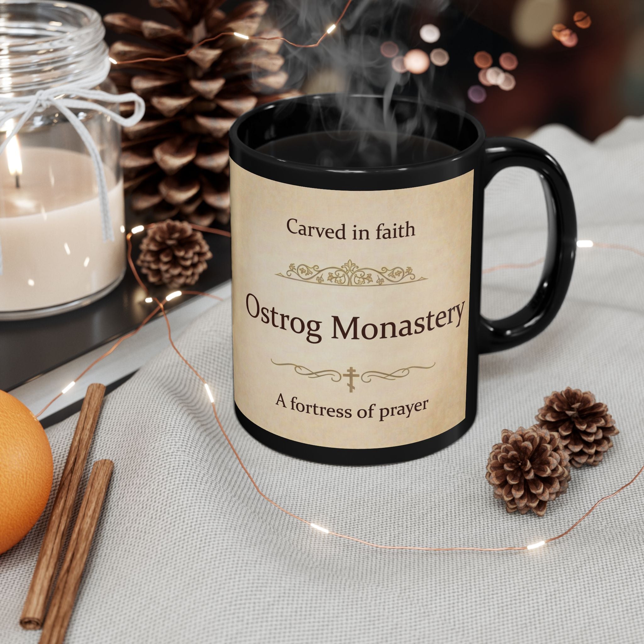 Ostrog Monastery Orthodox Christian Black Coffee Mug — Orthodox Mug Gift