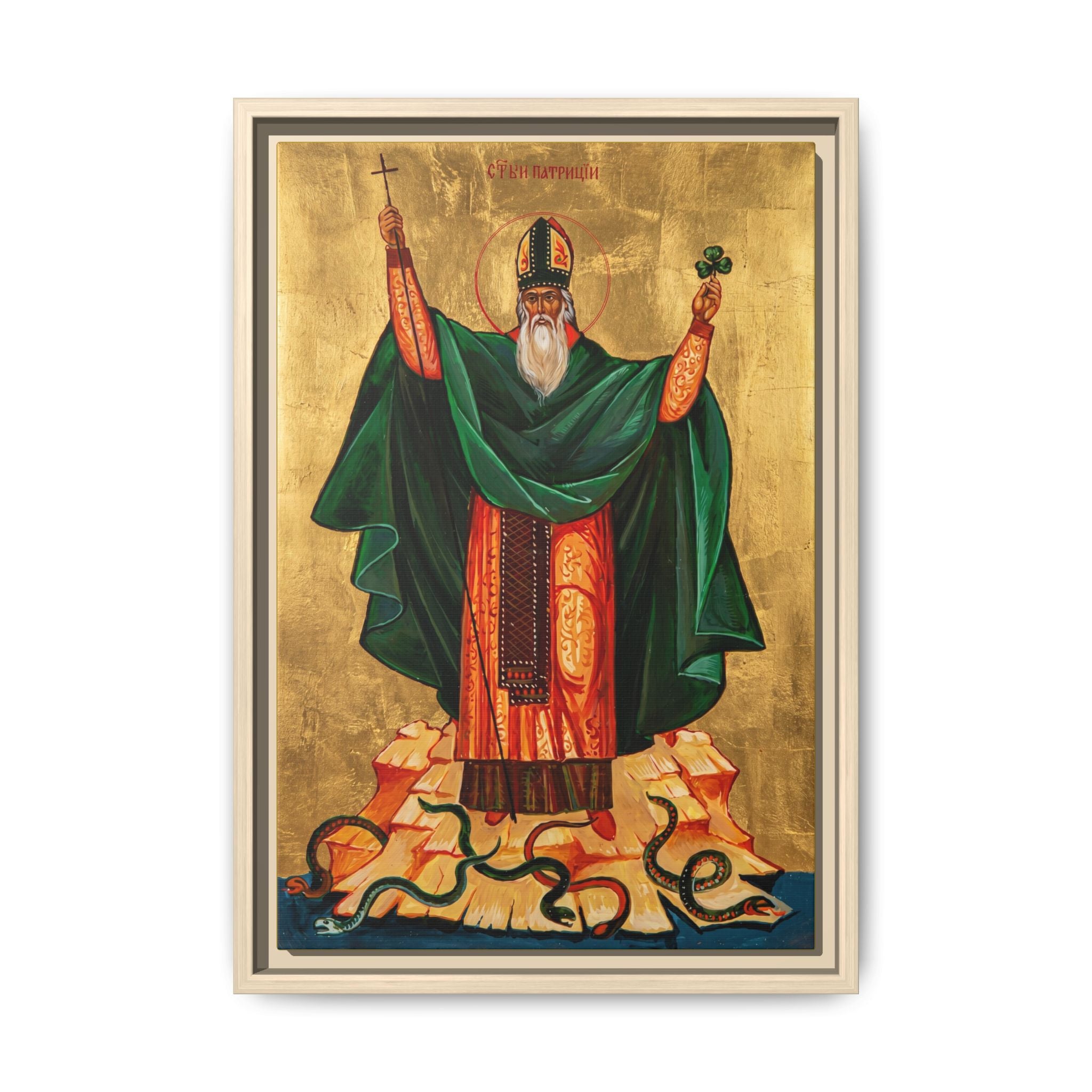 Framed canvas icon of Saint Patrick of Ireland, traditional Orthodox Christian artwork